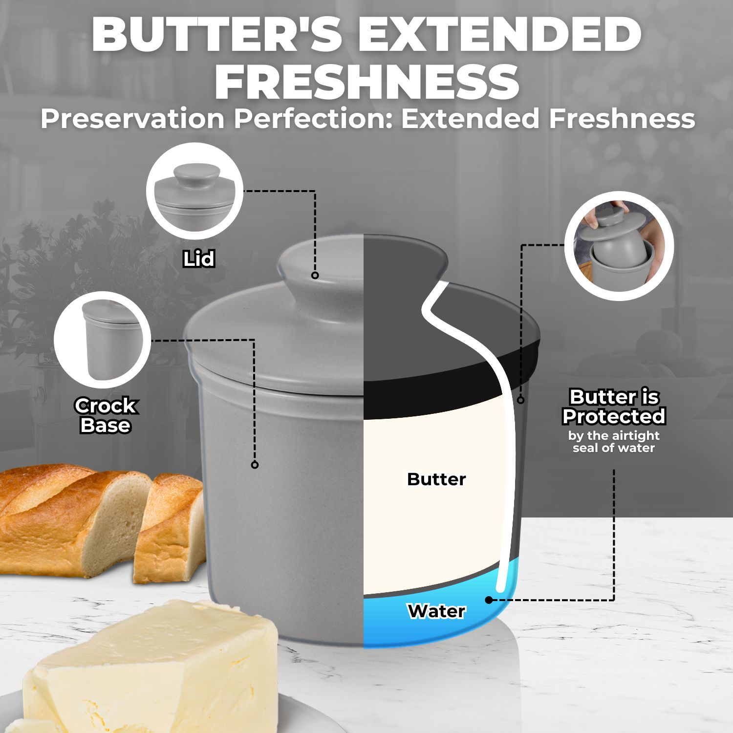 TRICKS & TIPS - Pack the butter in the lid when it is still fresh out of the refrigerator; it is easier to mold at cooler temperatures. Adding a little salt to the water is helpful to keep fresh