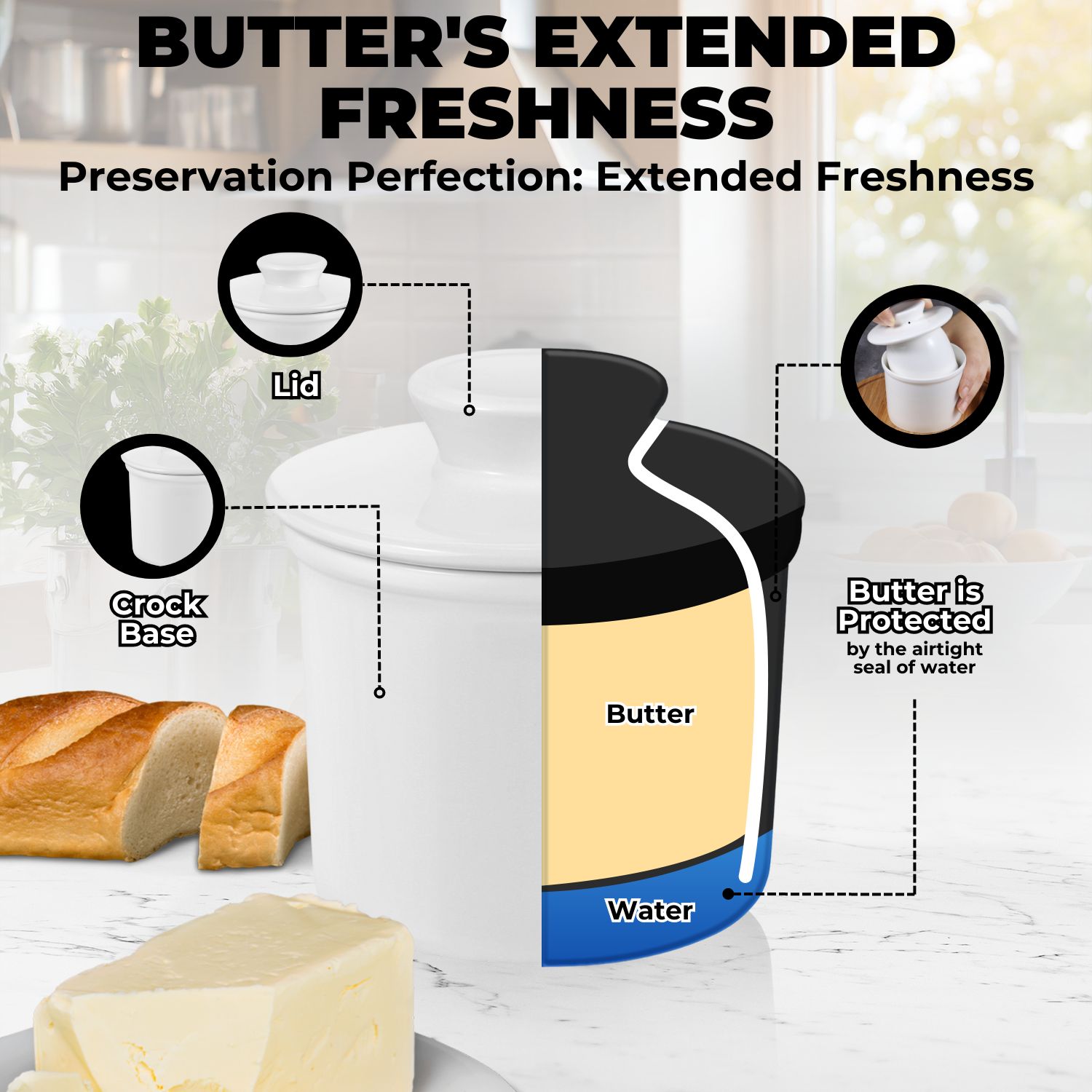 Gorgeous Porcelain & Finish - The butter crock is made of durable professional LEAD-FREE ceramic grade porcelain, chip-resistant and dishwasher safe. An attractive decor to the kitchen table countertop