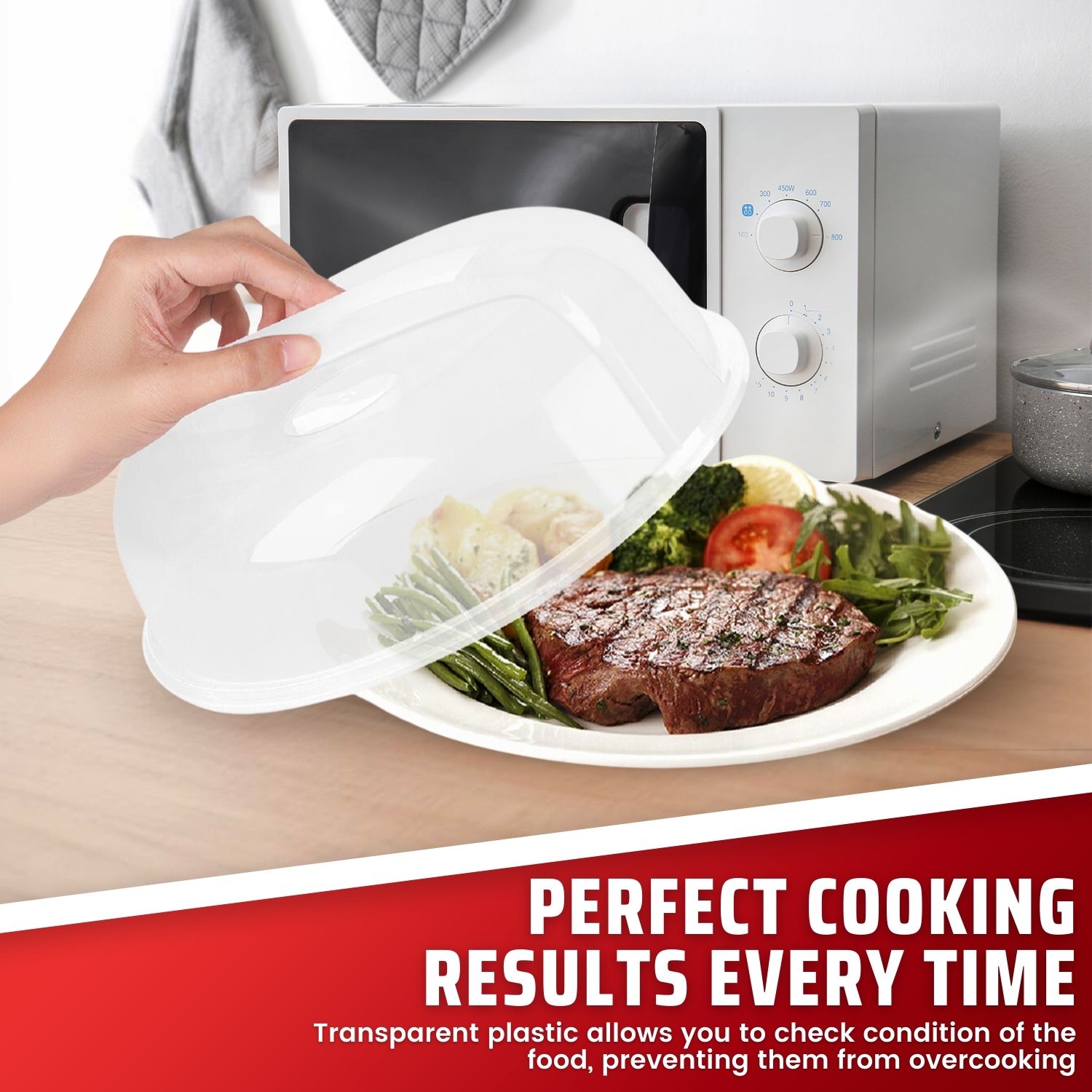 MULTI-PURPOSE - Transparent plastic allows you to glance right into the cover to check the condition of the food, preventing them from overcooking. This microwave lid can be used as a plate cover on your kitchen counter and tabletop