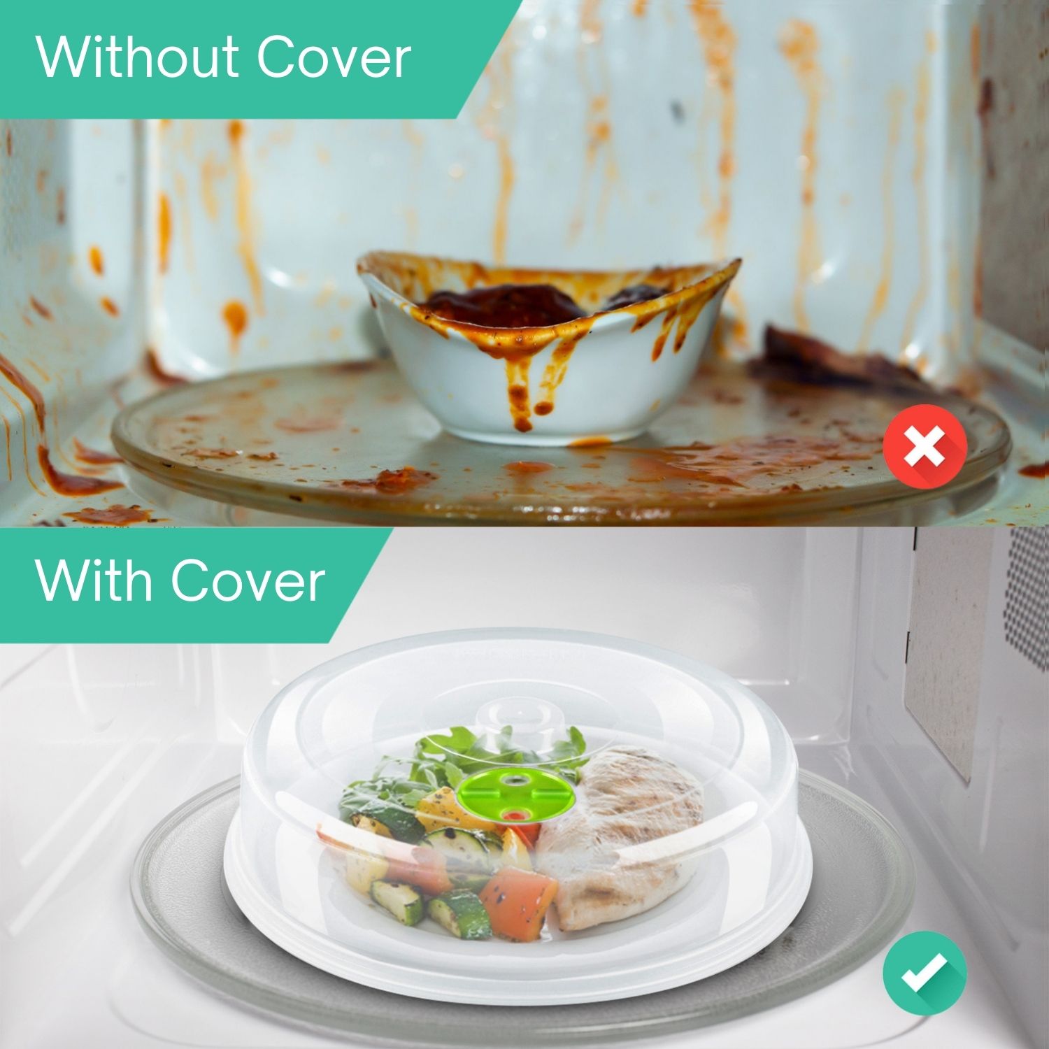 Re-usable, flexible microwave cover for food BPA free; Clear transparent plastic food cover lids allow you to keep an eye on your food as it's cooking