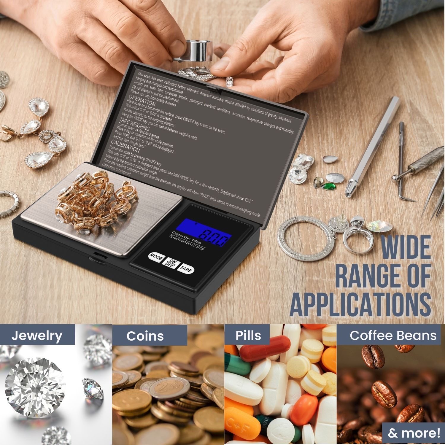 Multi-Use Pocket Scale - Powered by AAA batteries, this scale can work as a gold scale, a coin scale, an herb scale, or for measuring small amounts of medication in pharmacies, malls, etc.