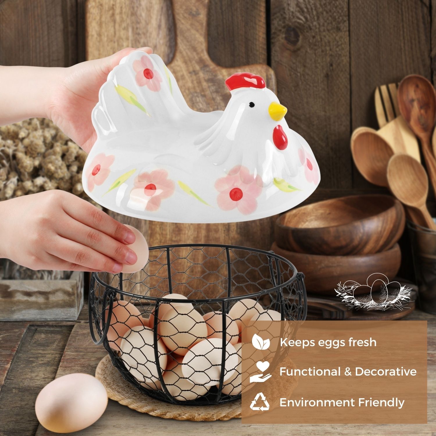 Wire Egg Storage Basket w/ White Ceramic Chicken for Chicken Egg Metal