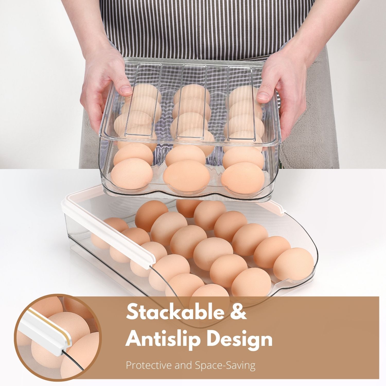 Safety First: Made with BPA-Free plastic, you can be assured of healthy, chemical-free eggs. The rounded corners and heightened edges of the egg drawer for refrigerator keep your eggs snug and safe