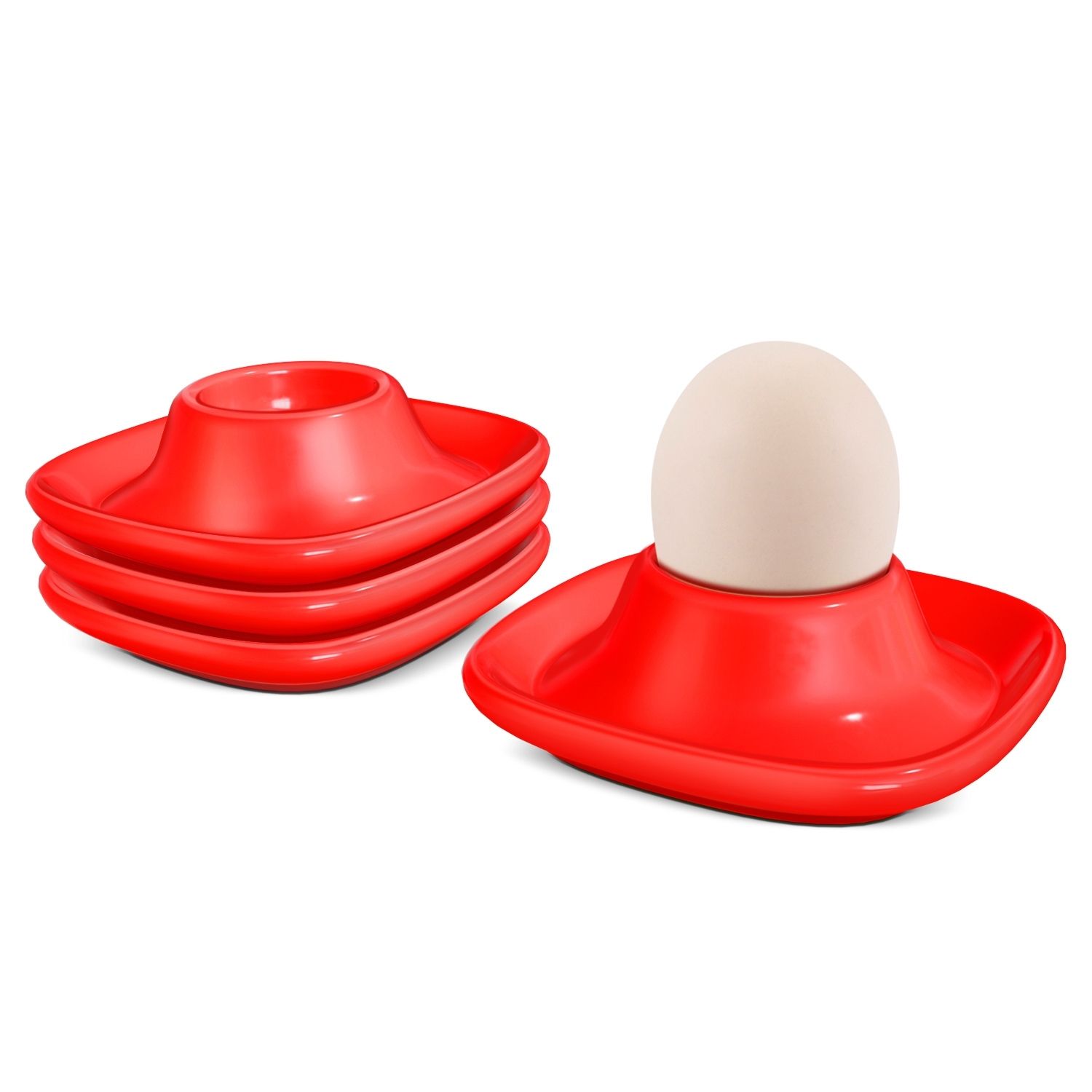 Ceramic Egg Cups Set of 4 Pack, Porcelain Hard Soft Boiled Egg Holder Keeper Container w/ Base, Stackable Serving Dish Plate Stand Serveware for Countertop Display Kitchen (Red)