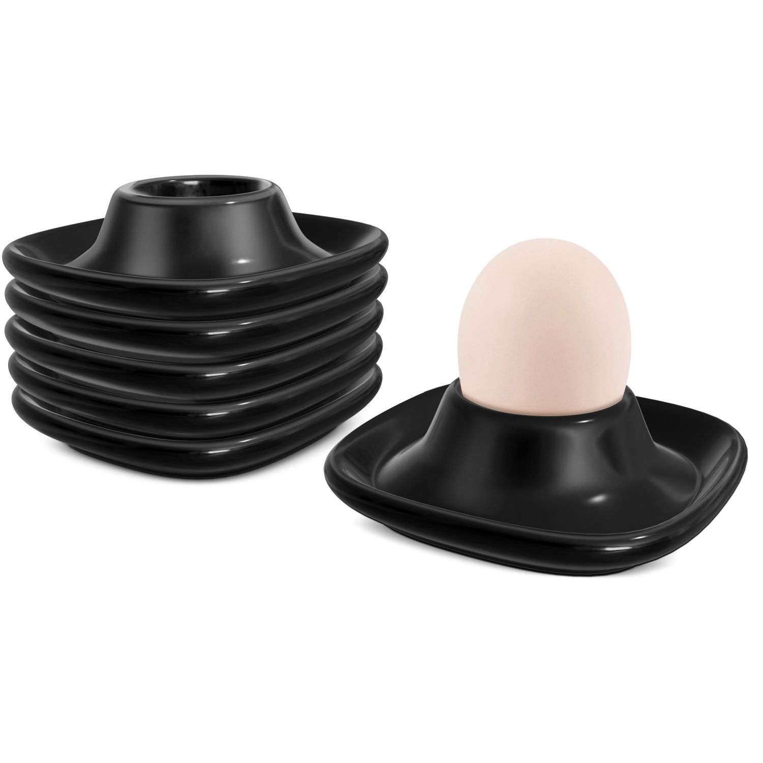 Egg Cups Soft Boiled Egg Holder Set Stackable 6 Pack, Porcelain Hard Boiled Eggs Container, Ceramic Egg Stands Plates Black For Hard Boiled Poached Eggs Breakfast Small Cups Microwave Egg Toast