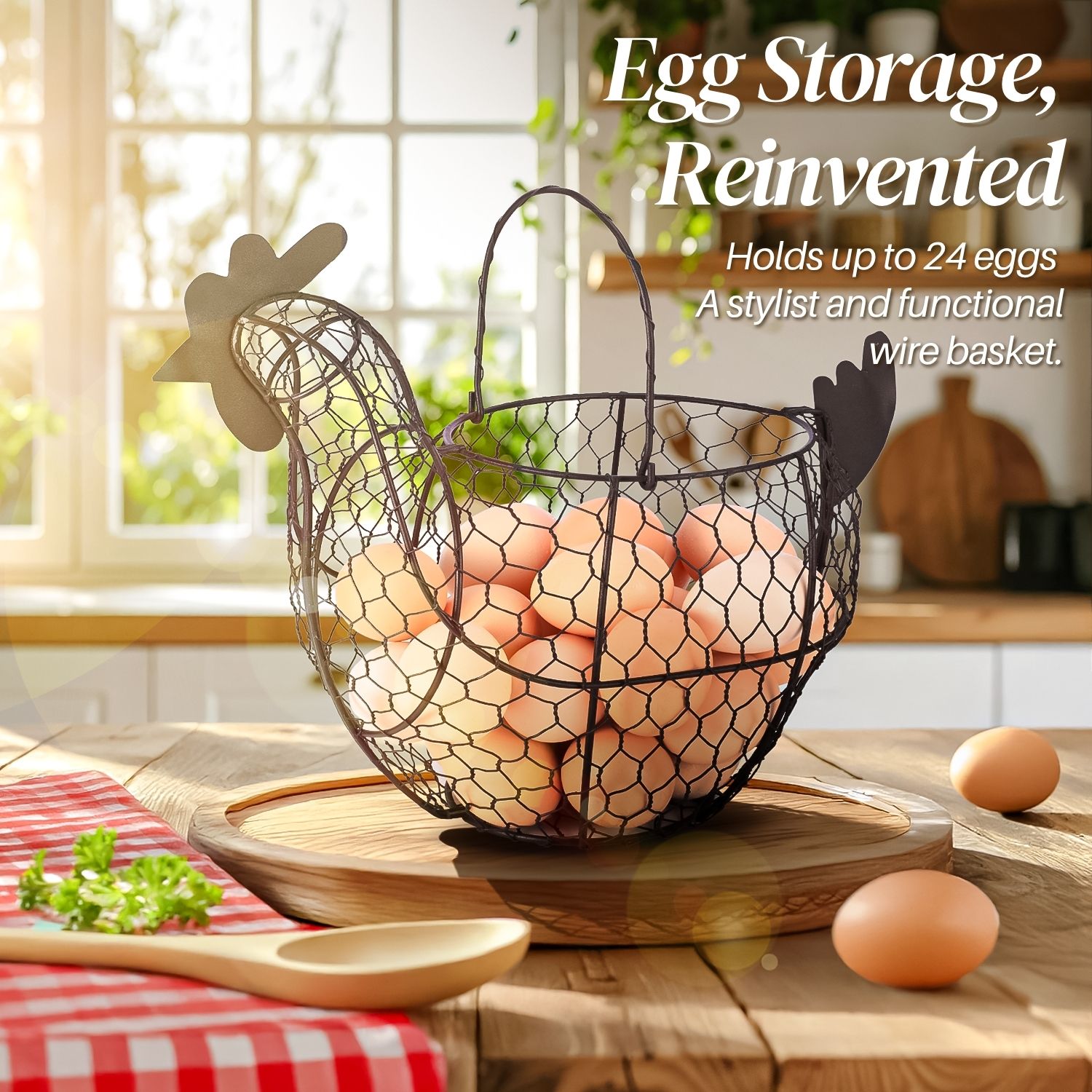 Chicken Egg Basket, Egg Storage Holder with Handle for Eggs, Fruits, Vegetables, Metal Wire Mesh Chicken Decor for Kitchen Table Countertop, Farmhouse Rustic Style, Brown