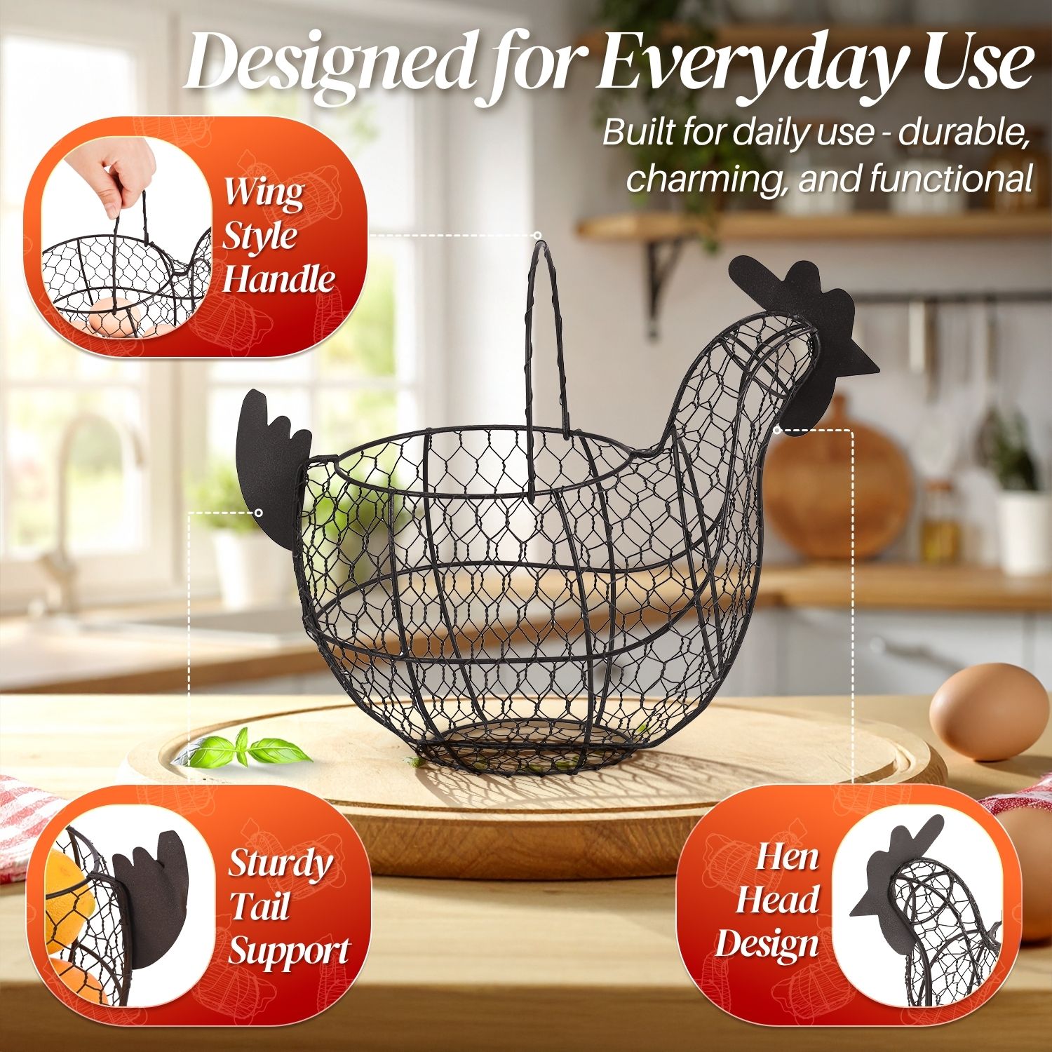 Chicken Egg Basket, Egg Storage Holder with Handle for Eggs, Fruits, Vegetables, Metal Wire Mesh Chicken Decor for Kitchen Table Countertop, Farmhouse Rustic Style, Brown