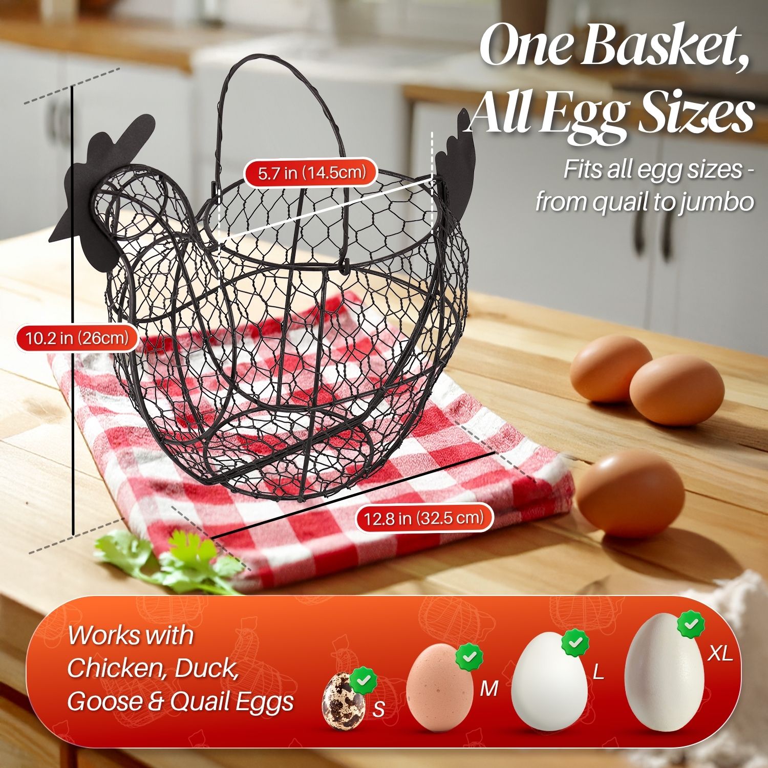 Chicken Egg Basket, Egg Storage Holder with Handle for Eggs, Fruits, Vegetables, Metal Wire Mesh Chicken Decor for Kitchen Table Countertop, Farmhouse Rustic Style, Brown