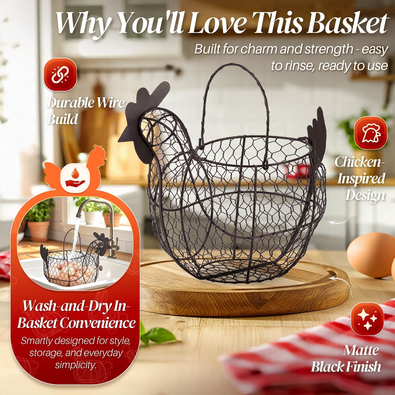 Chicken Egg Basket, Egg Storage Holder with Handle for Eggs, Fruits, Vegetables, Metal Wire Mesh Chicken Decor for Kitchen Table Countertop, Farmhouse Rustic Style, Brown
