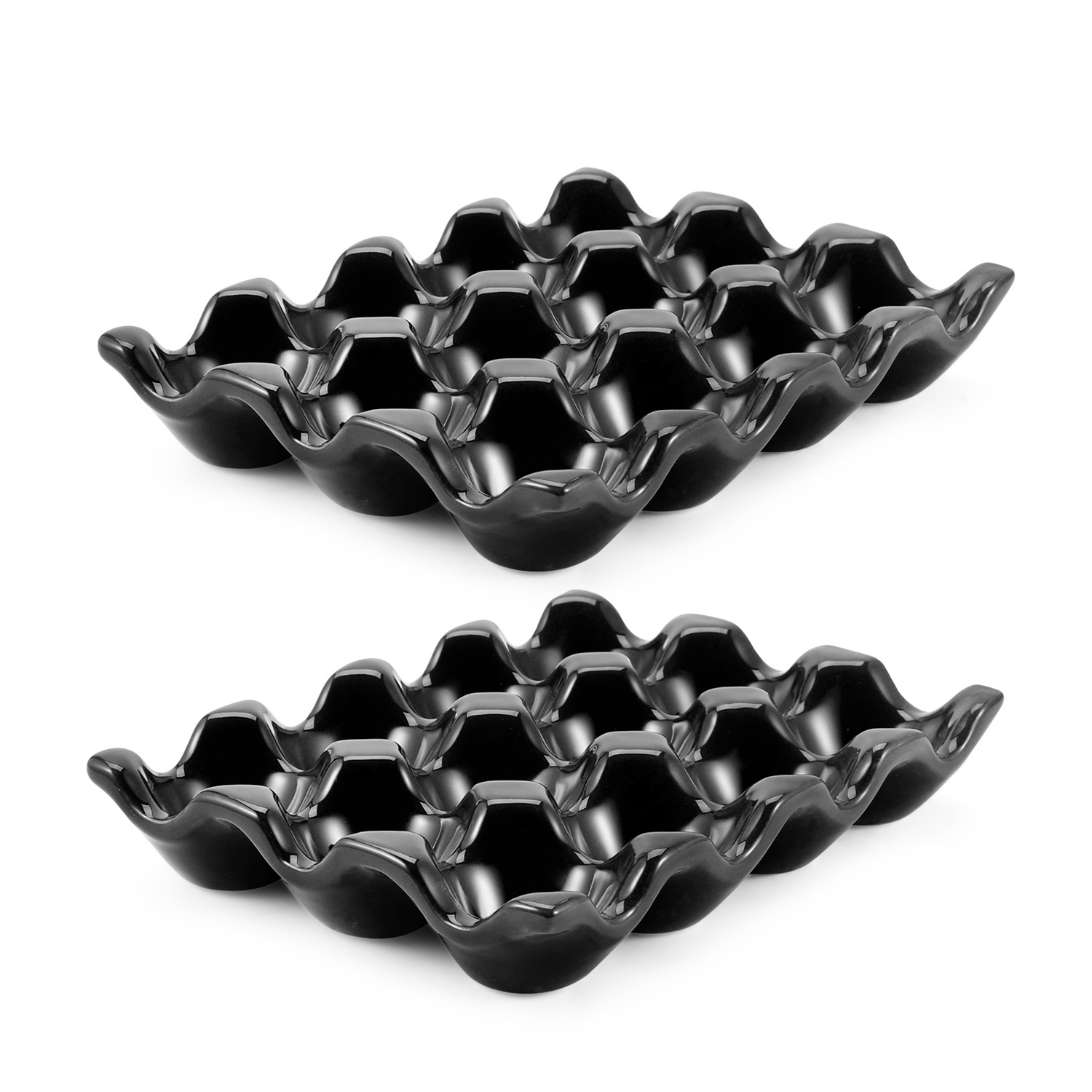 Flexzion 12 Cups Ceramic Egg Holder - Whole Dozen Porcelain Egg Tray Container Keeper Storage Organizer Decorative Serving Stand Serveware for Refrigerator Fridge Countertop Display 2 Pack (Black)