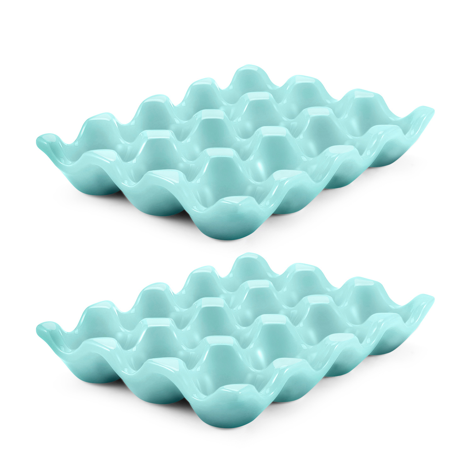 Flexzion 12 Cups Ceramic Egg Holder - Whole Dozen Porcelain Egg Tray Container Keeper Storage Organizer Decorative Serving Stand Serveware for Refrigerator Fridge Countertop Display 2 Pack (Blue)