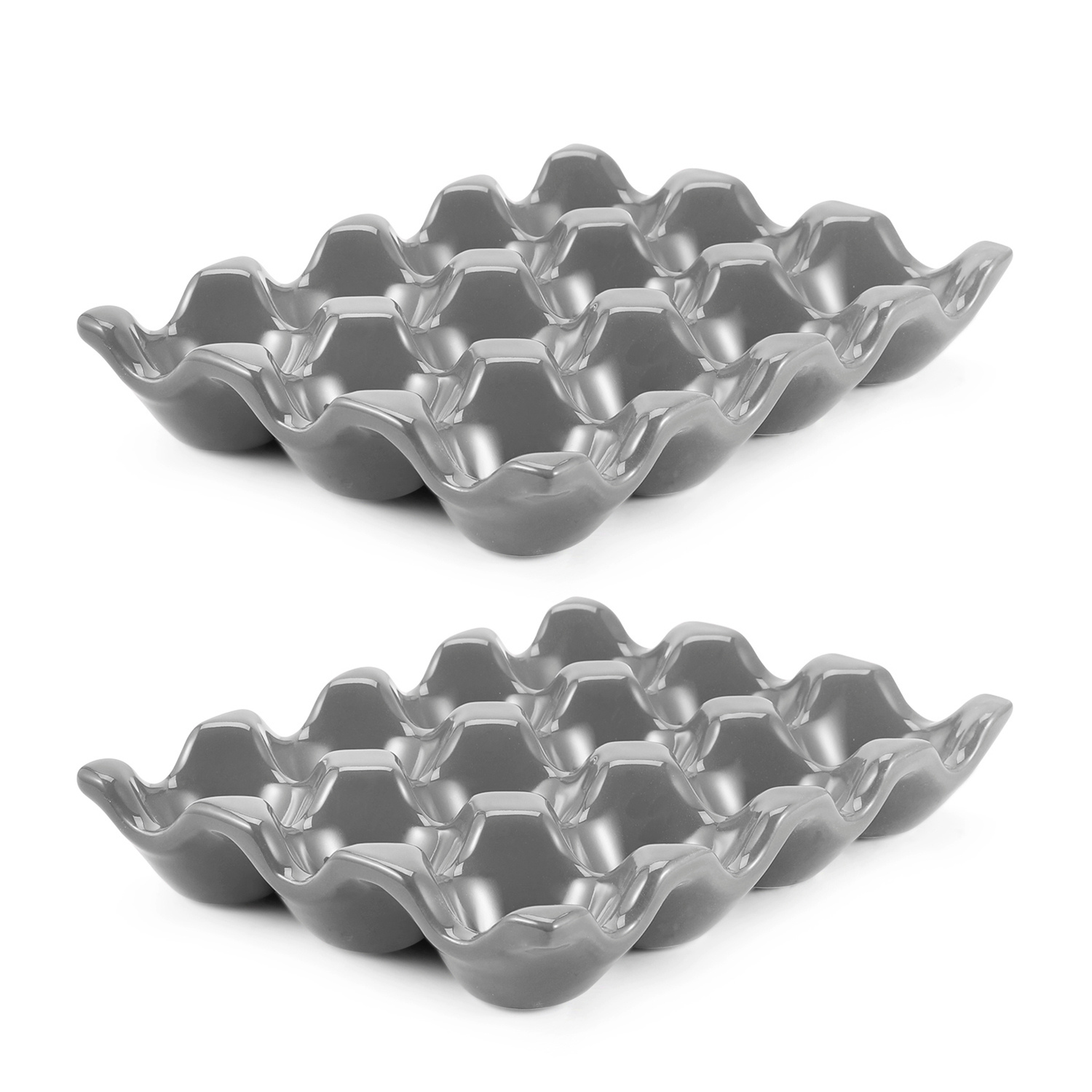 Ceramic 12-Cup Egg Tray - One Dozen Porcelain Egg Holder Container Keeper Storage Organizer Decorative Serving Stand Serveware for Refrigerator Countertop Display Kitchen (Gray, 2 Pack)
