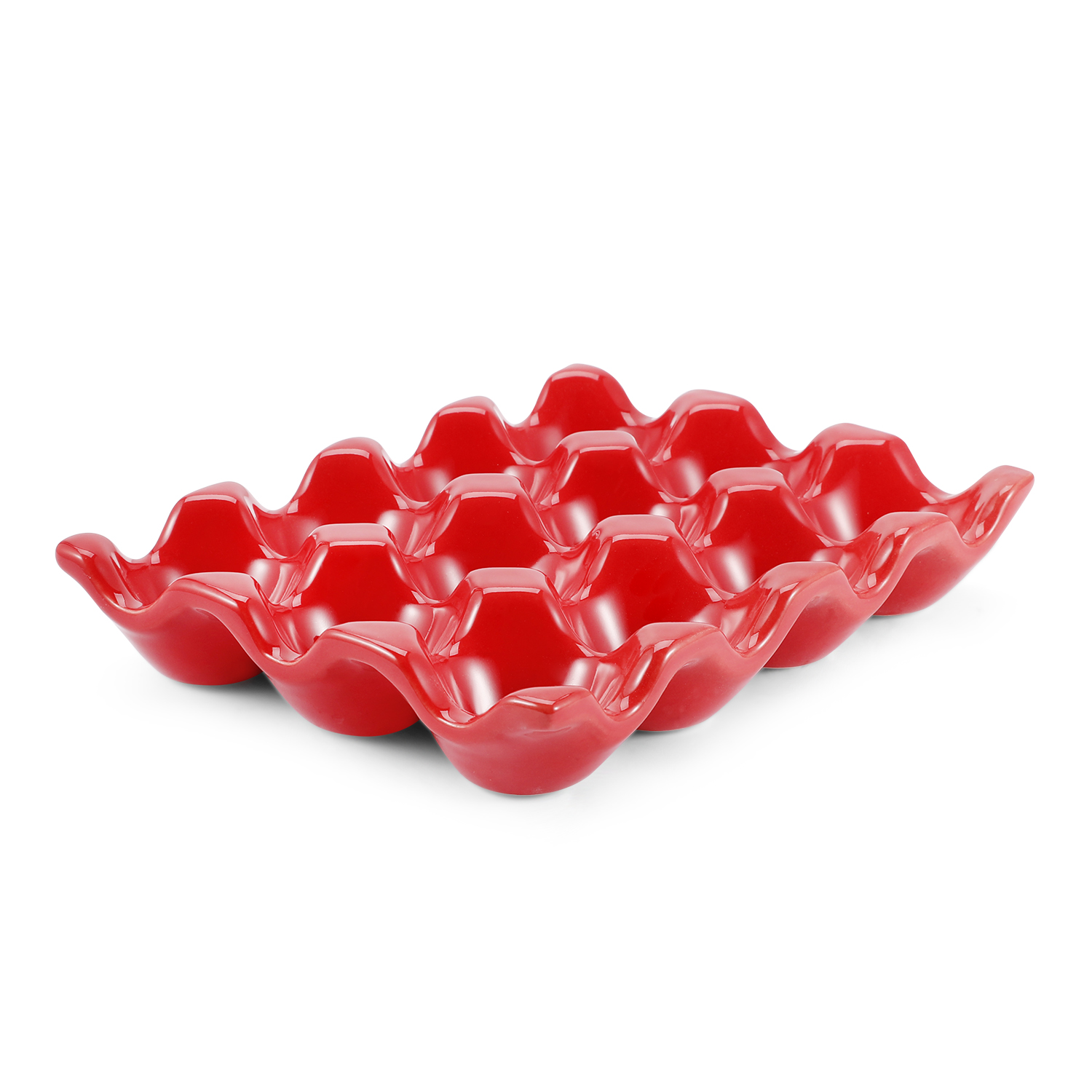 Ceramic 12 Cups Egg Tray - Whole Dozen Porcelain Egg Holder Container Keeper Storage Organizer Decorative Serving Stand Serveware for Refrigerator Fridge Countertop Display Kitchen (Red)