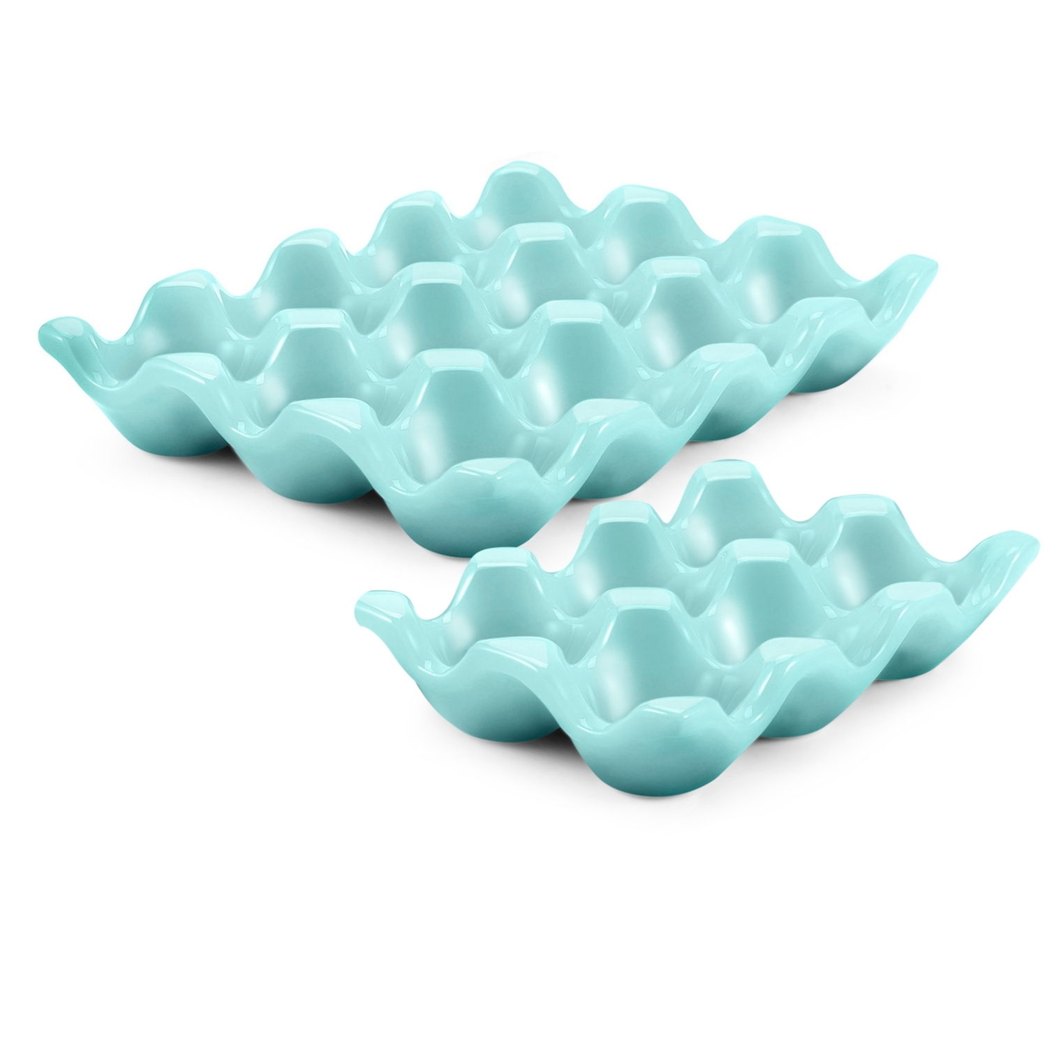 Ceramic 12 + 6 Cups Egg Tray - 18 Porcelain Egg Holder Container Keeper Storage Organizer Decorative Serving Stand Serveware for Refrigerator Fridge Countertop Display Kitchen (Blue)