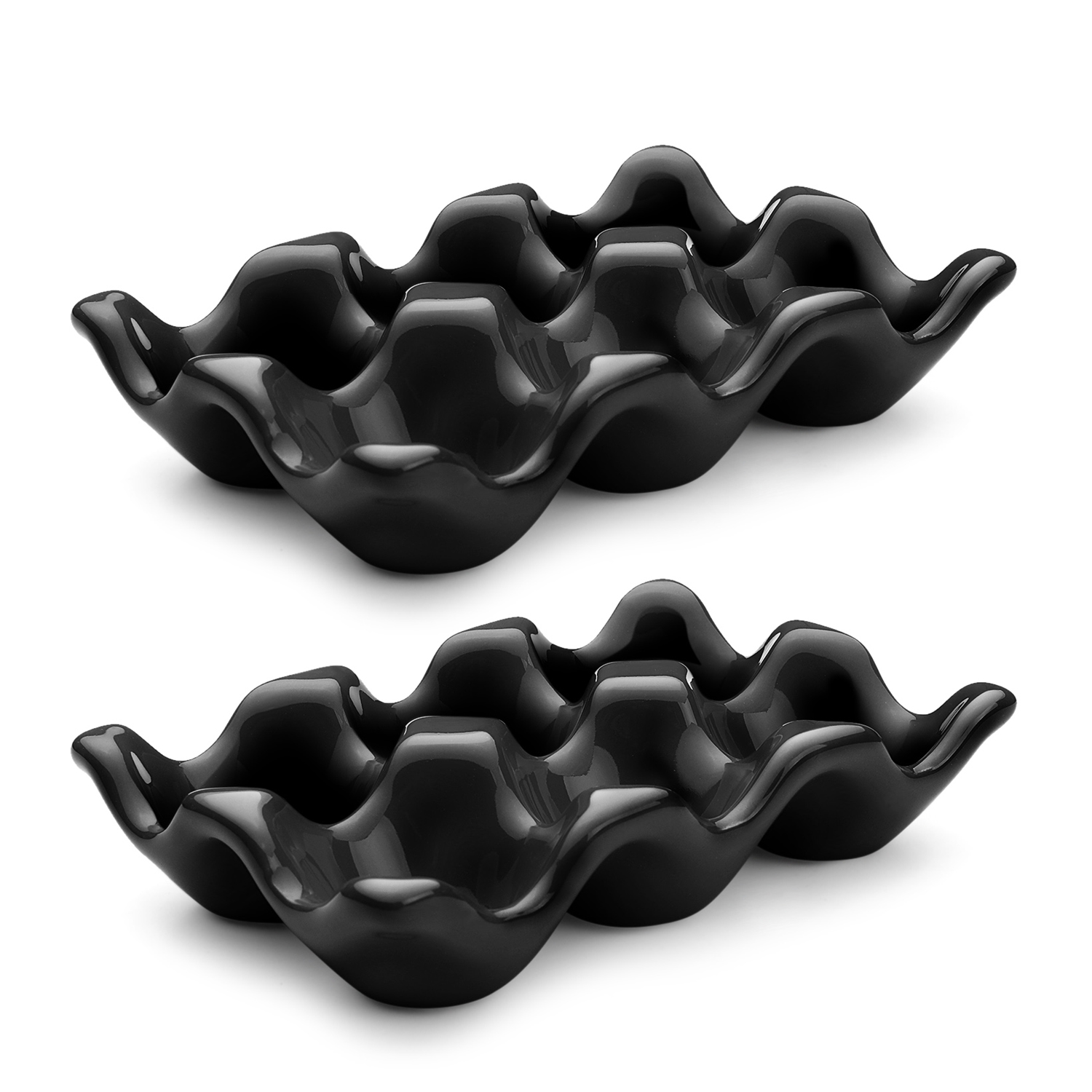 Ceramic 6-Cup Egg Tray - Half Dozen Porcelain Egg Holder Container Keeper Storage Organizer Decorative Serving Stand Serveware for Refrigerator Countertop Display Kitchen (Black, 2 Pack)