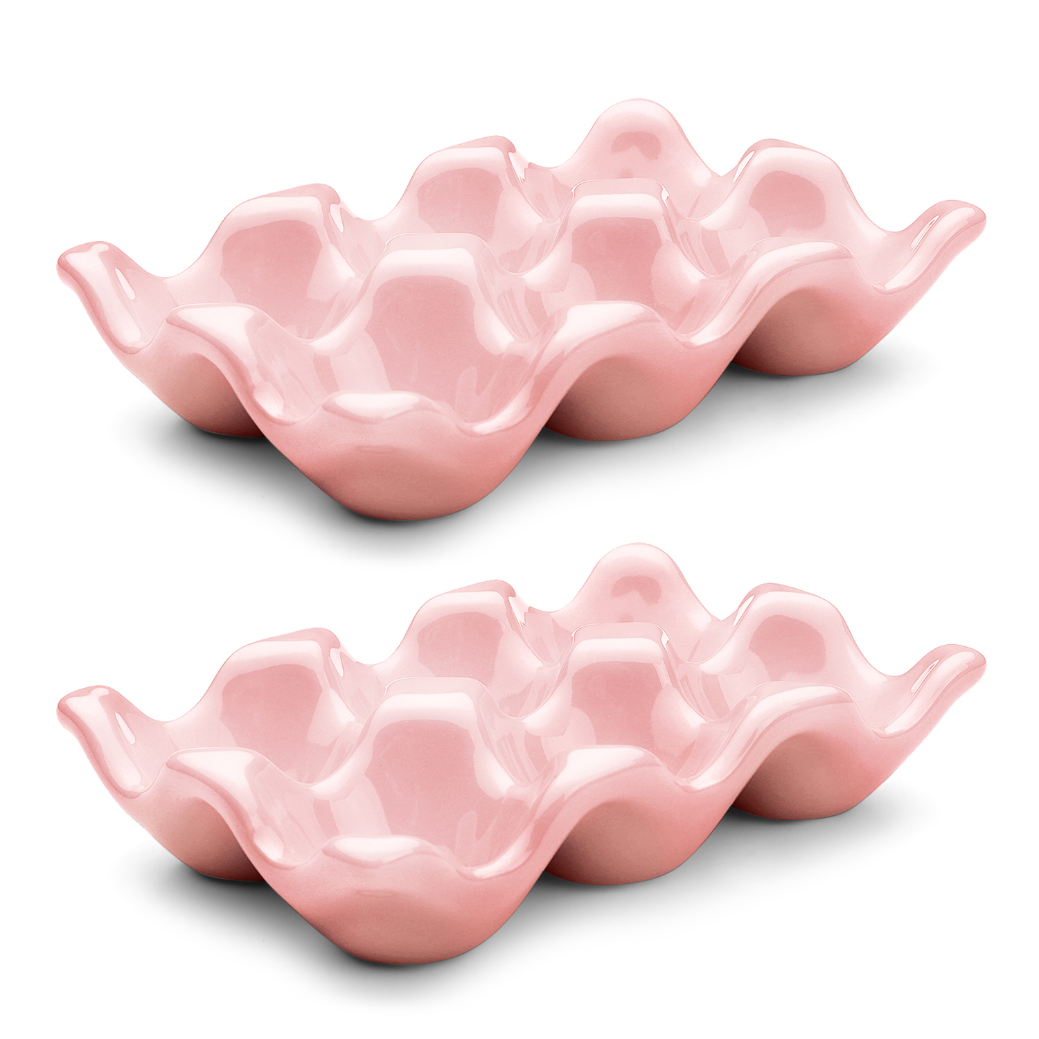 Ceramic 6-Cup Egg Tray - Half Dozen Porcelain Egg Holder Container Keeper Storage Organizer Decorative Serving Stand Serveware for Refrigerator Countertop Display Kitchen (Pink, 2 Pack)