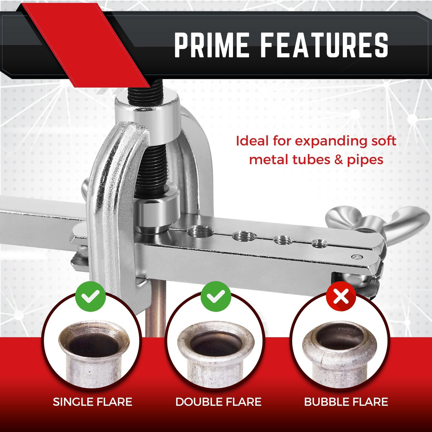 Housed in a blow-molded storage case of organization and easy portability. Includes yoke, large feed screw cone, flaring bar with two wing screws and anvil compatibility, 3/16, 1/4, 5/16, 3/8, 1/2 inch Adapters Dies