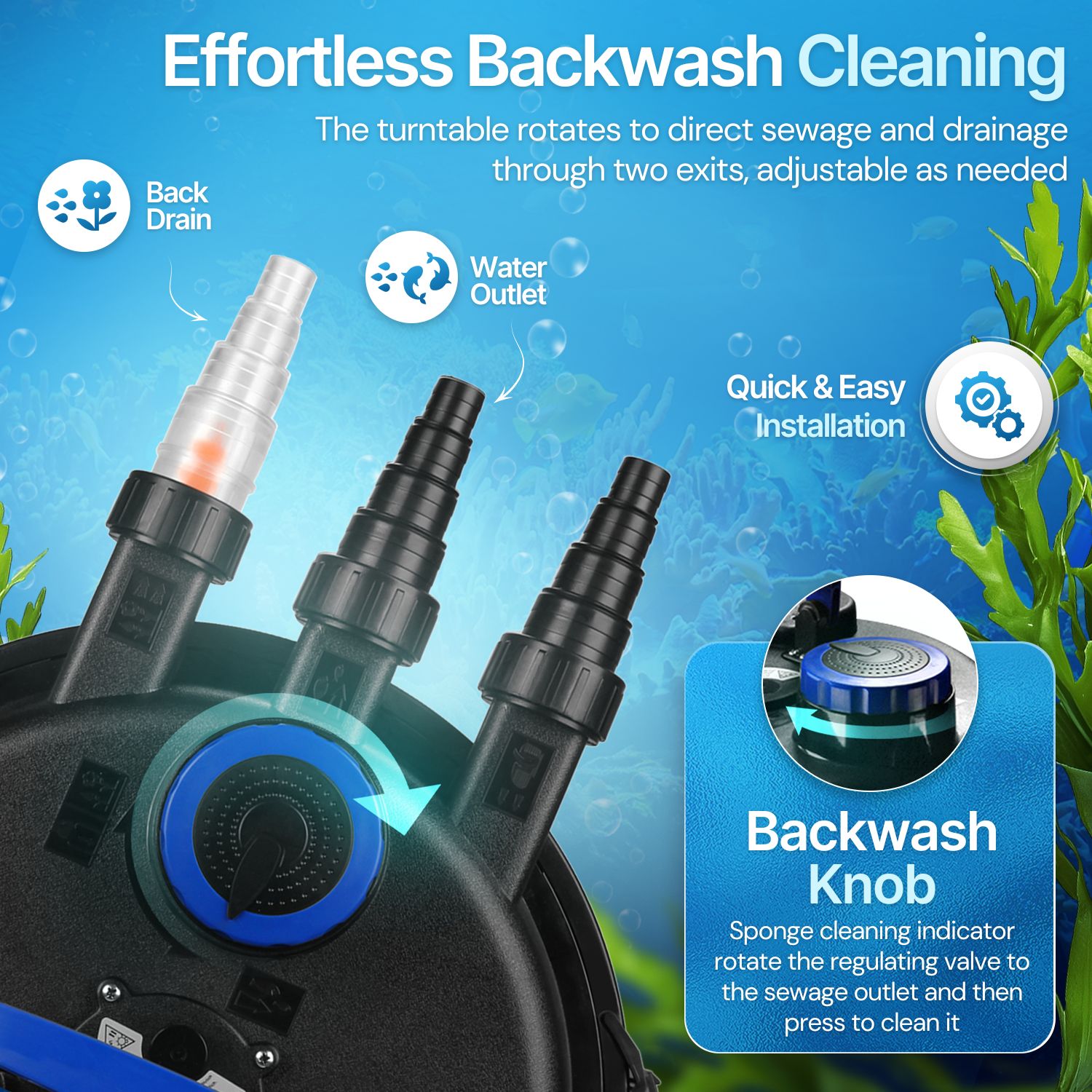 Easy to Clean and Operate &ndash; The filter comes with an instruction manual. This pond water filter UV system integrates a flow indicator that tells when it is time to clean. To clean the filter sponges, use the Clean function. The sponge must be cleaned regularly, depending on the quality of the water. This UV filter for pond ensures efficient filtration and helps maintain clear and healthy pond water