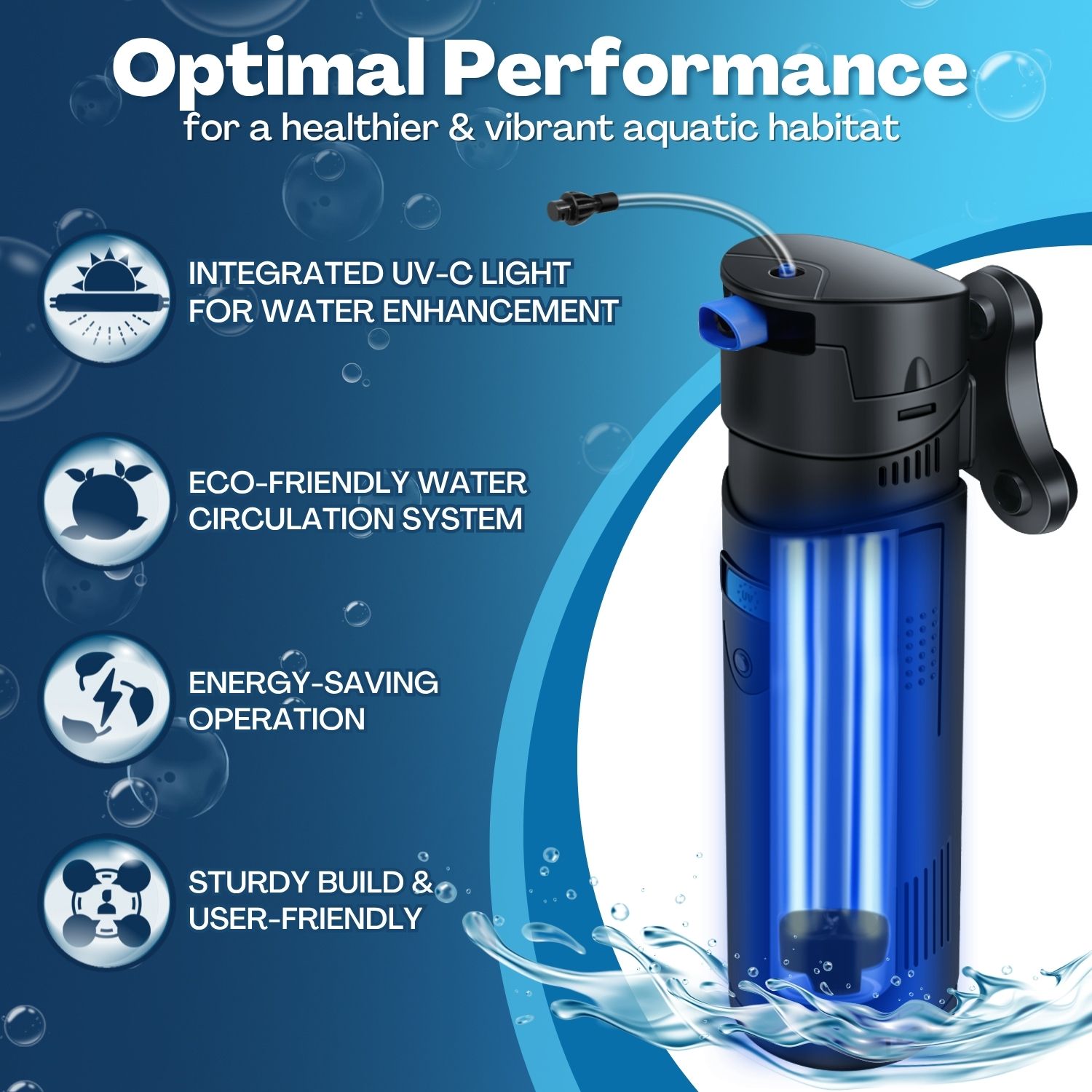 4-in-1 Aquatic Purification: Experience superior water quality with our aquarium canister filter, integrating powerful filtration, U-V sanitation, oxygenation, & circulation in one compact unit