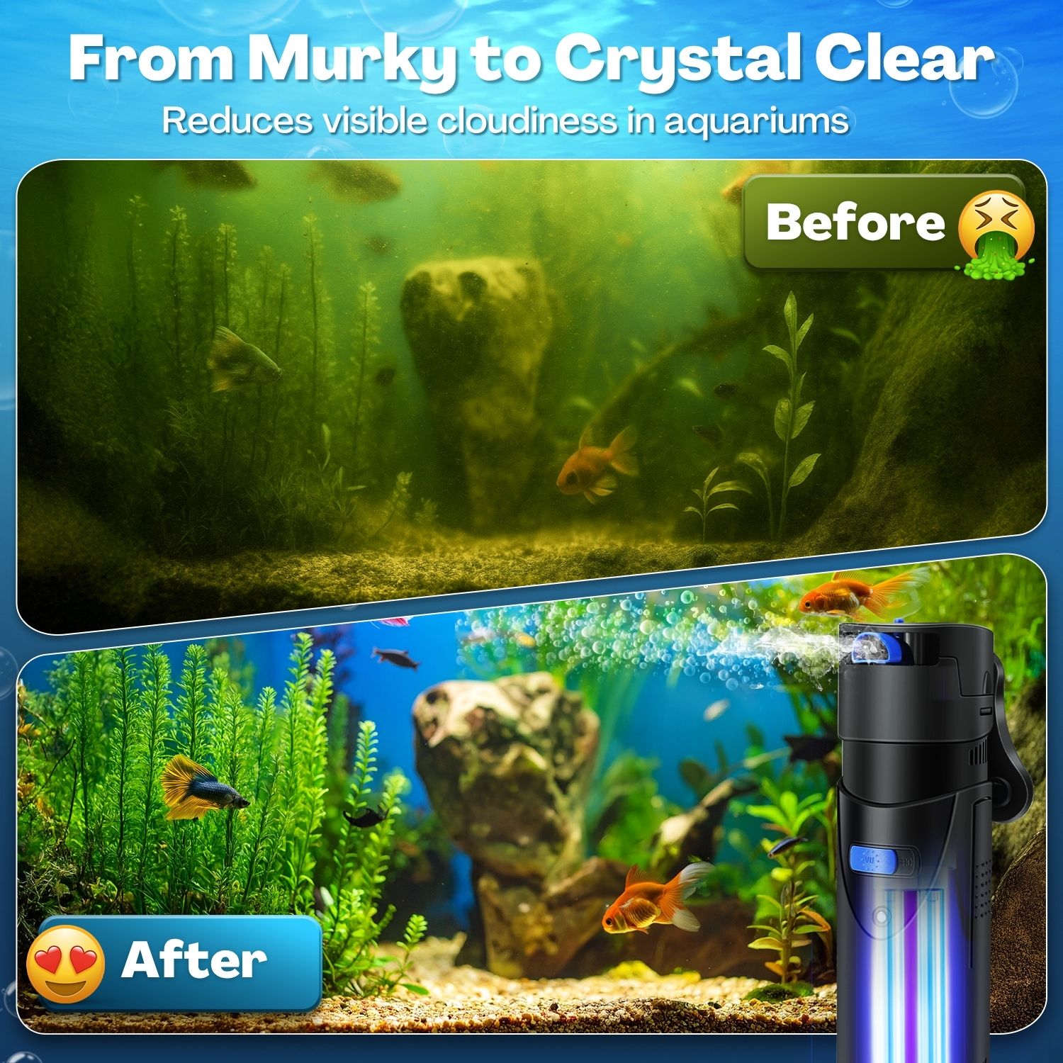 Advanced Bio-Filtration: Our aquarium u-v submersible filter maintains an optimal aquatic environment with its clarity-enhancing power of quartz bio-balls, which deliver water purification