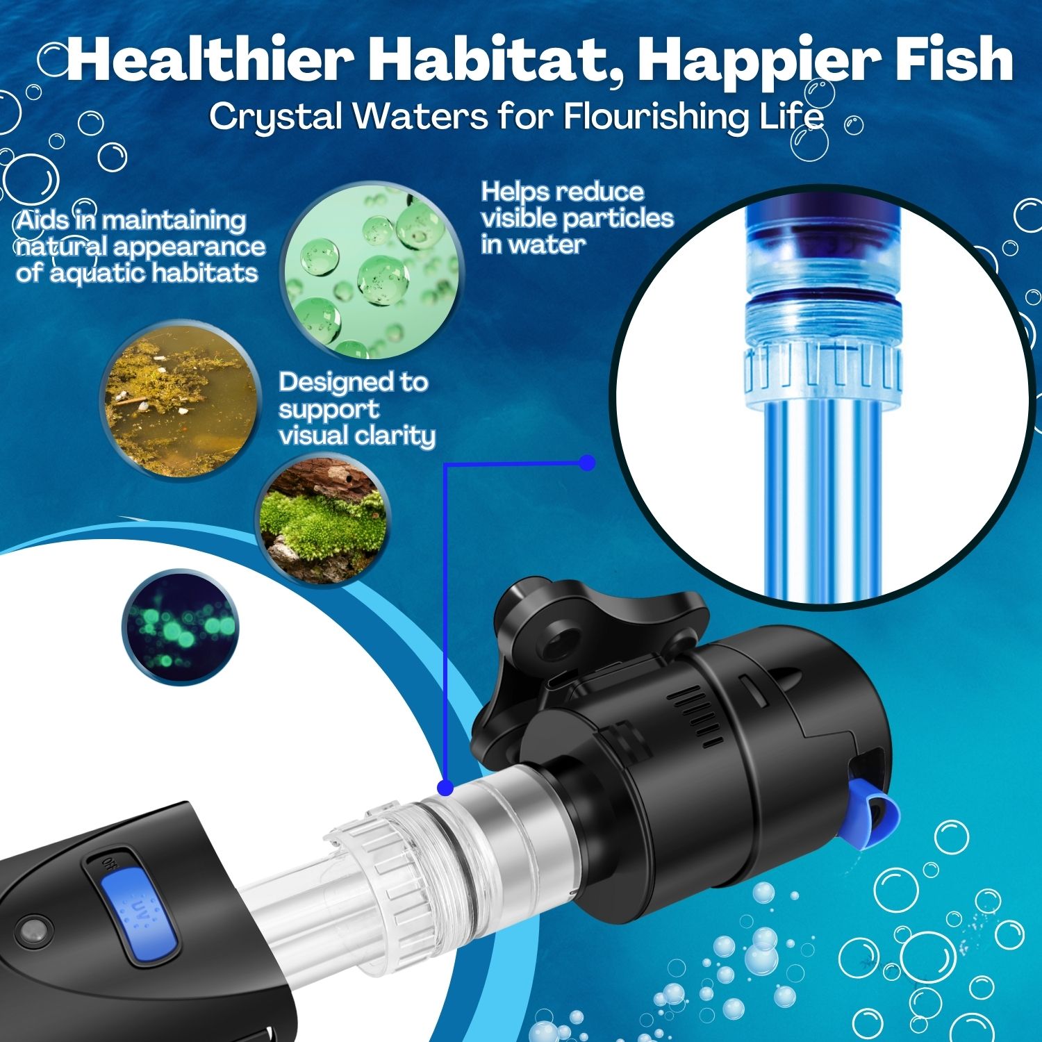 Sleek, Silent Operation: Designed to blend seamlessly into your aquascape, our U-V water filter and algae killer for fish tank operates with minimal noise, ensuring a tranquil habitat
