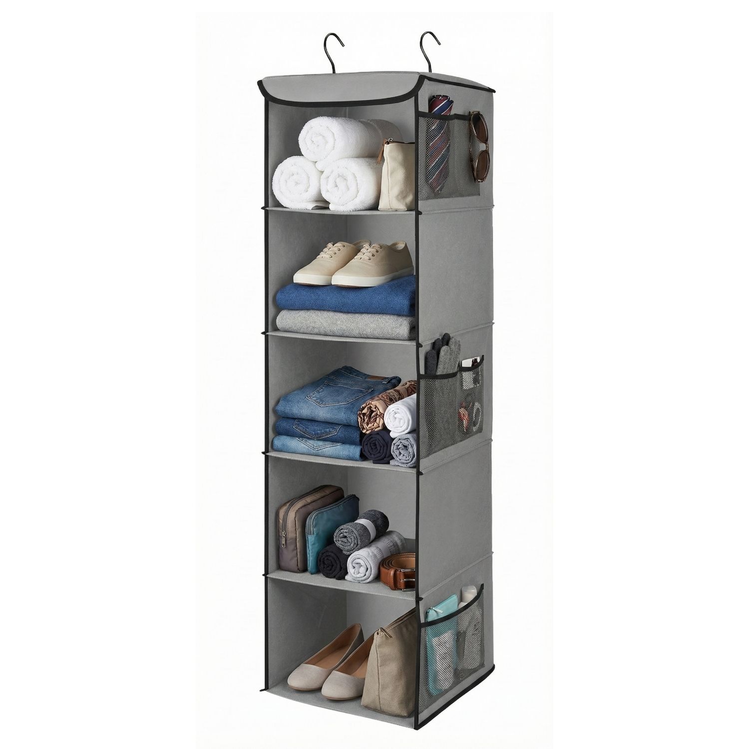 Hanging Shoe Shelves, 5 Shelf Cloth Closet, Clothing Storage Organizers w/ 6 Side Mesh Pockets, Portable Suspended Hanger Holder, Wall/Over the Door Foldable Design for Wardrobe Bed Bathroom, Brown