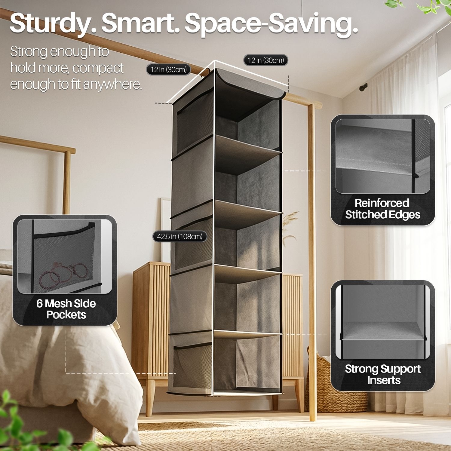 Sturdy Hanging Construction &ndash; Our sweater organizer for closet features a reinforced 2-hook hanging system that fits standard hanging storage organizer closet rods and wire shelving. The stable internal support helps prevent sagging, keeping each shelf firm and upright even when fully loaded