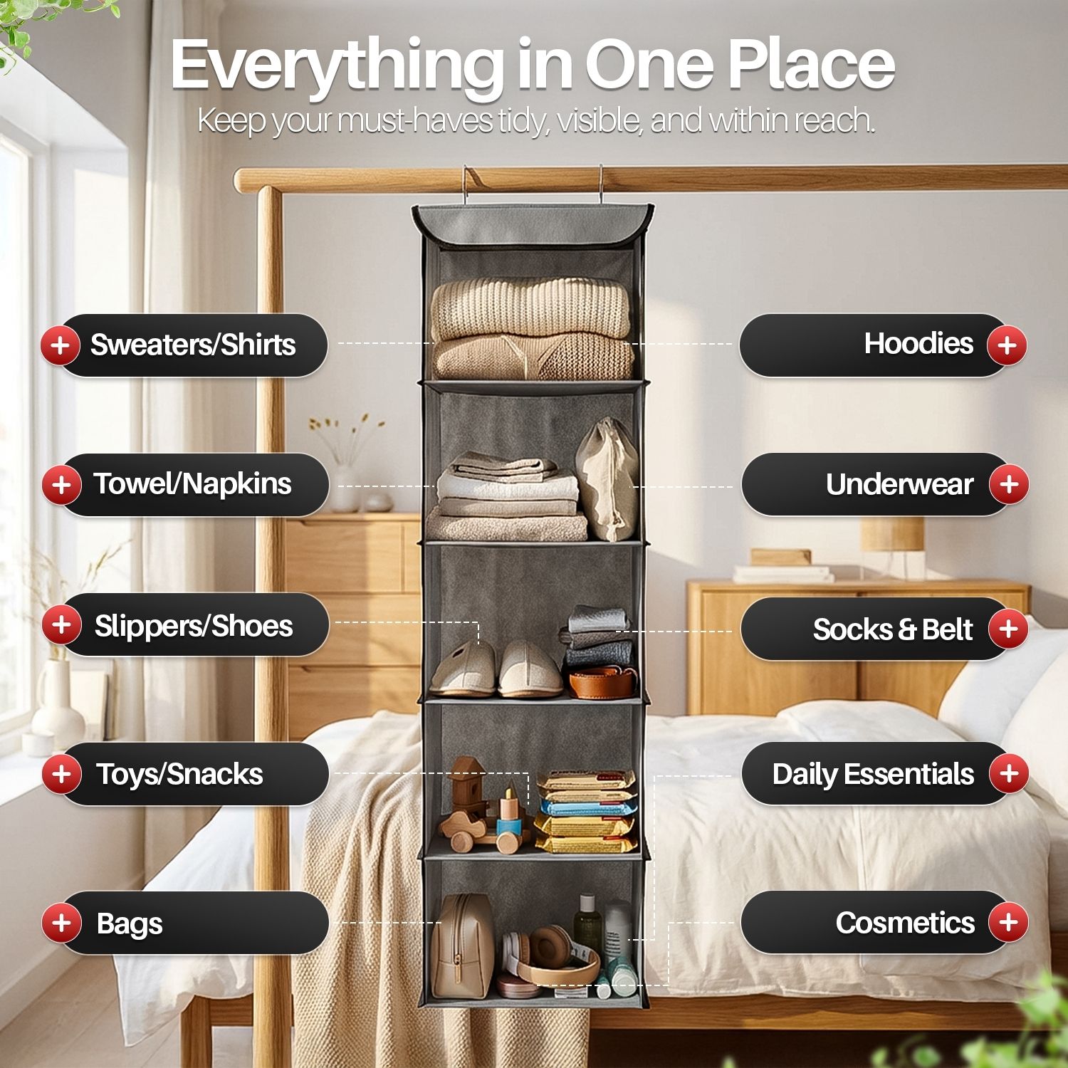 Portable Space-Saver &ndash; This hanging clothes organizer for closet has lightweight and fully foldable for easy packing when traveling. Ideal for apartments, dorm rooms, RVs, and small closets. Installs in seconds with no tools needed, helping you maximize vertical space instantly with this hanging shoe organizer for closet rod