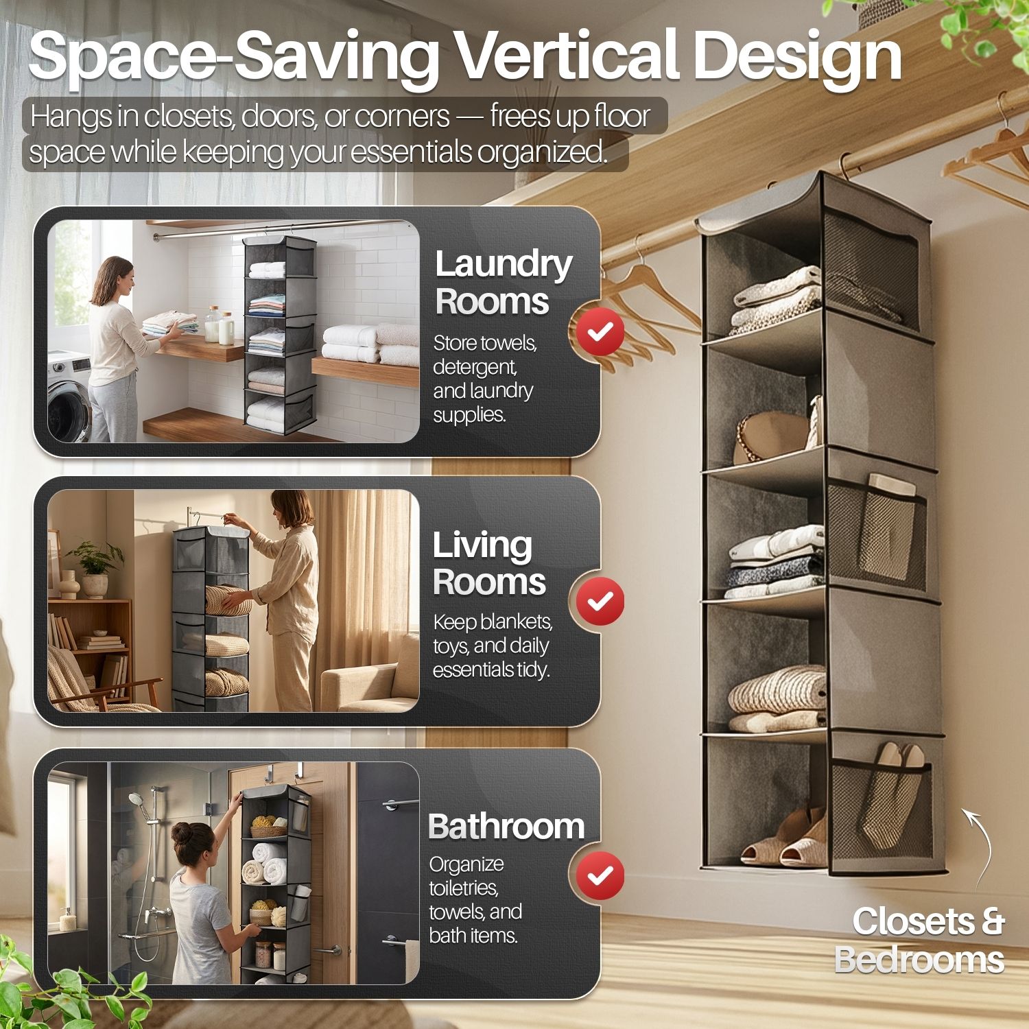 Smart Organization Layout &ndash; This closet organizers and storage hanging includes 5 extra-wide shelving compartments for clothes, sweaters, towels, jeans, shoes, or handbags. Six side mesh pockets provide quick-access storage for socks, scarves, hats, belts, baby items, or toiletries