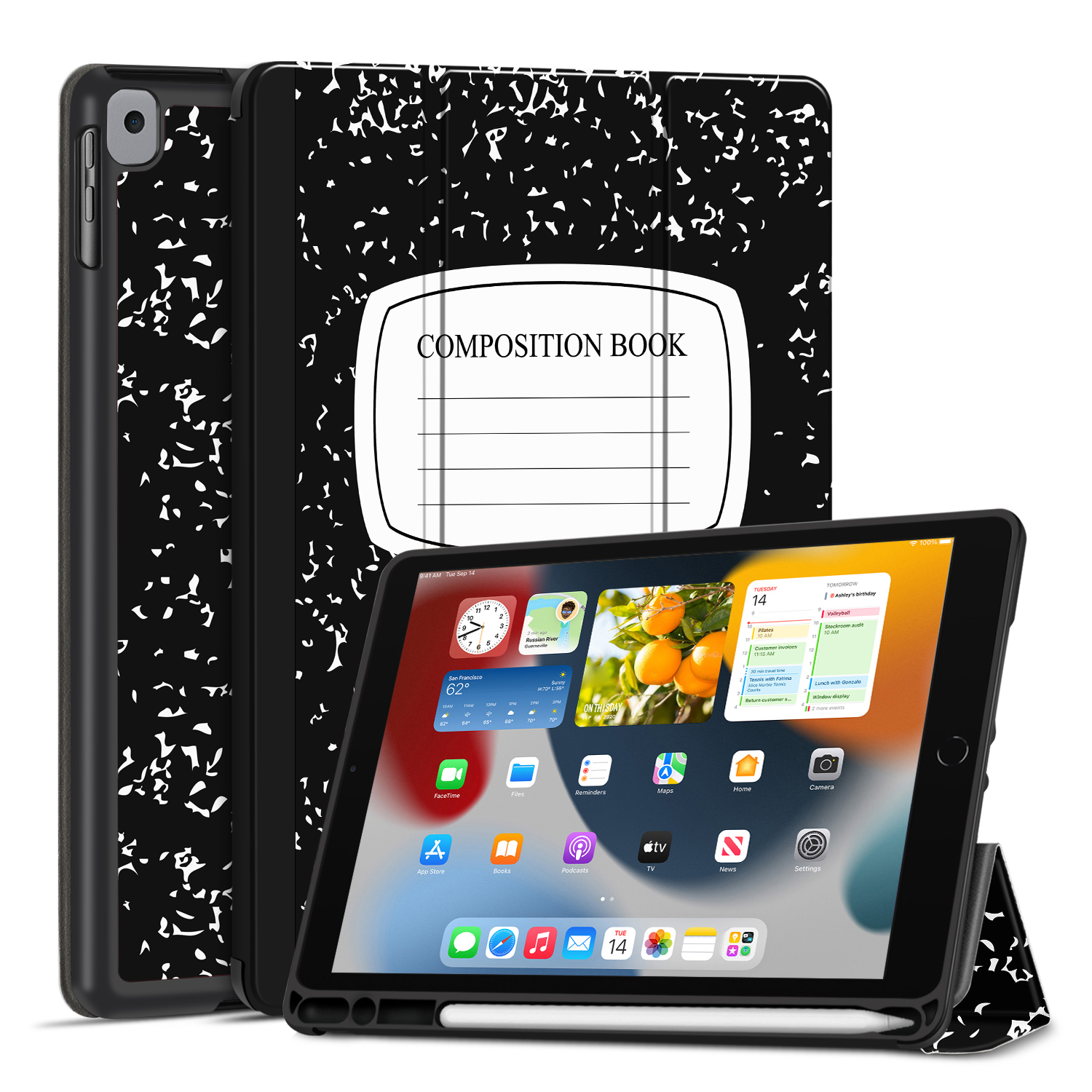 Case for iPad 9th Gen 2021/iPad 8th 2020/iPad 7th 2019 Generation Protective Cover with Pencil Holder - 10.2 inch Slim Soft TPU Trifold Stand PU Leather Folio Auto Sleep Wake - Composition Book Black