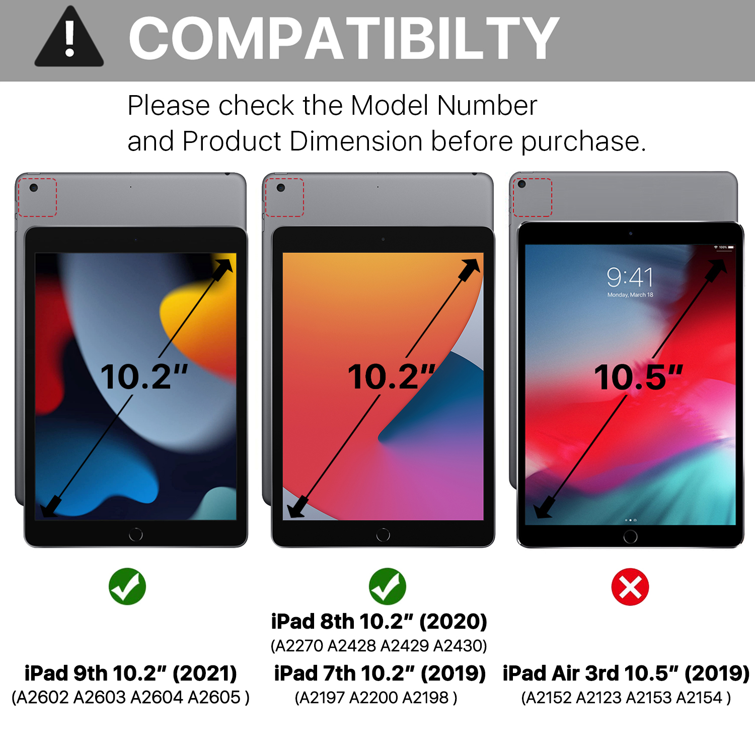 Designed specifically for Apple iPad 9th (2021 Release, Model number: A2602 A2603 A2604 A2605) iPad 8th (2020 Release, Model number: A2324 A2072 A2316 A2325) and iPad 7th (2019 Release, Model number: A2197 A2198 A2200); Not compatible with any other devices; Convenient pencil holder slot allows you to easily store your 1st Gen Apple Pencil and push out to use