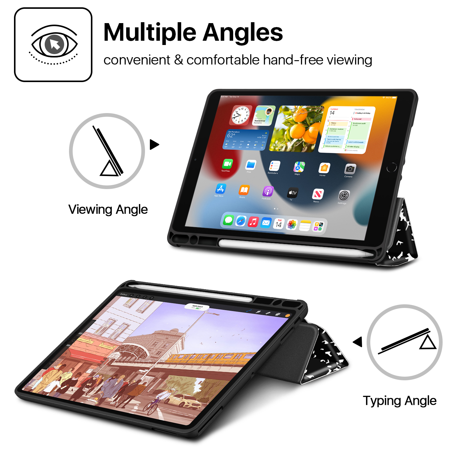 Automatically wakes or puts your device to sleep when the lid is opened and closed; Cover folds back for easy one-handed reading