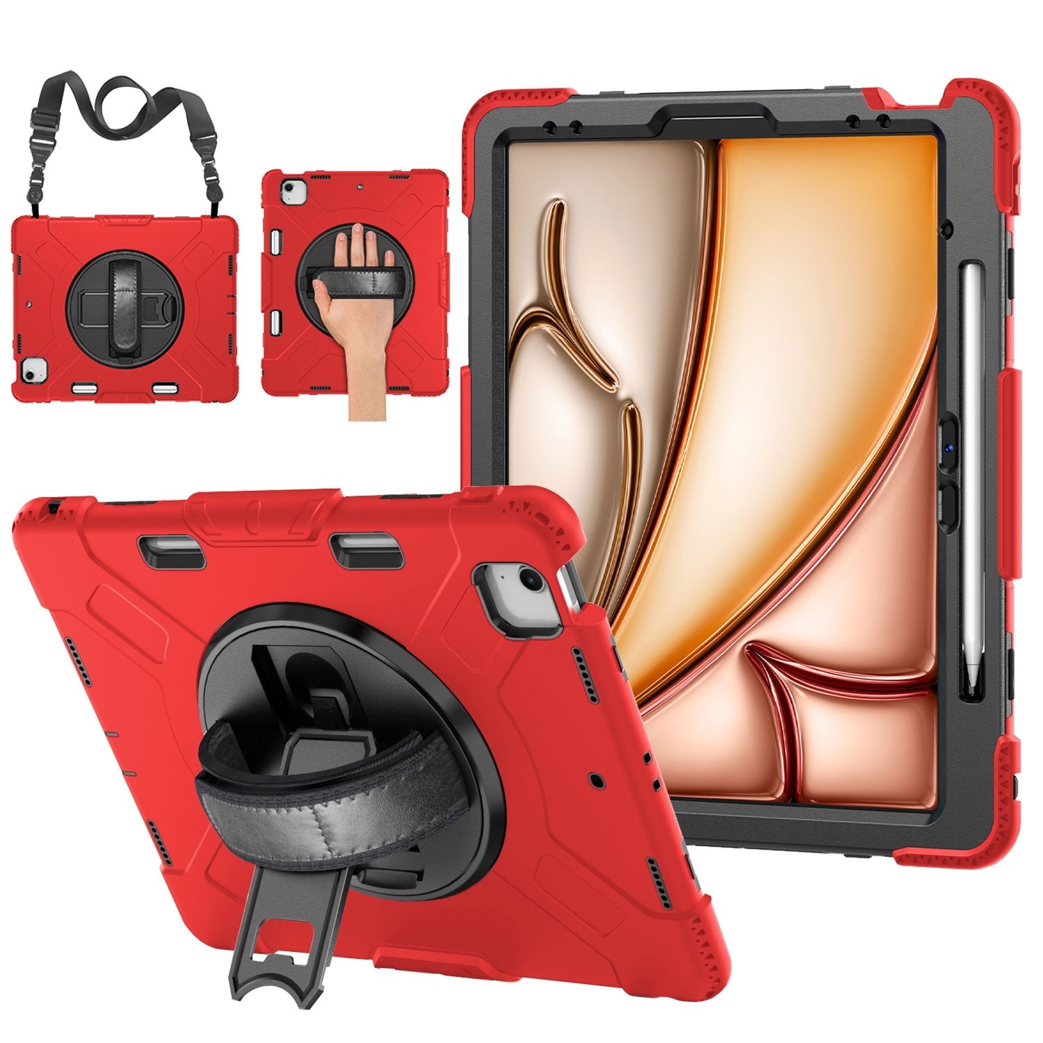 TNP Protective Case for iPad Air 13 Inch M2 6th 2024 & iPad Pro 12.9" 6th/5th/4th/3rd Gen (2022 2021 2020 2018) - Shockproof Cover w/ Pencil Holder, Handle, Adjustable Stand & Shoulder Strap, Red