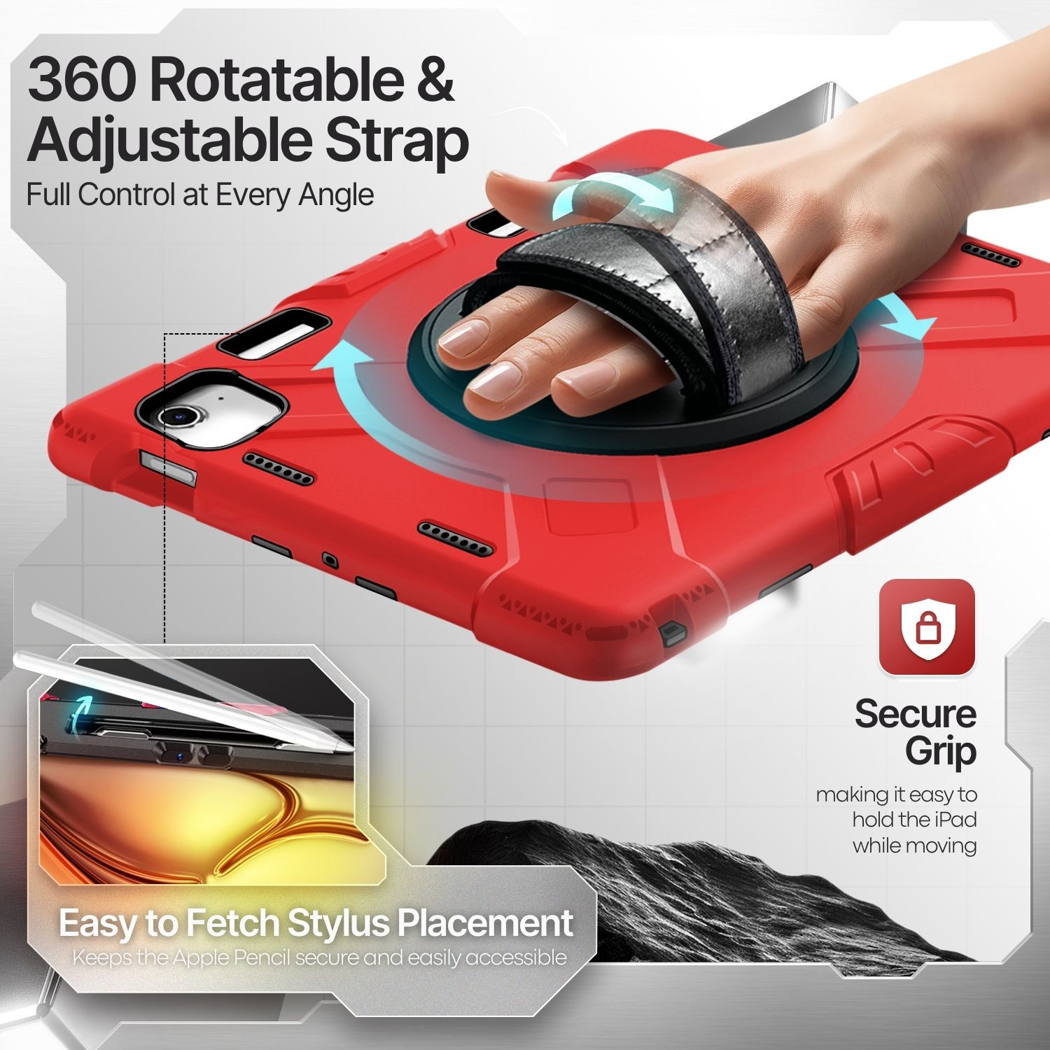 360 Rotatable Hand Strap and Kick Stand: This protective cover for iPad Air and iPad Pro is practical, easy to hold, and offers comfortable viewing angles. Just rotate the adjustable kickstand. The adjustable hand strap prevents your device from falling and is excellent for working on the go