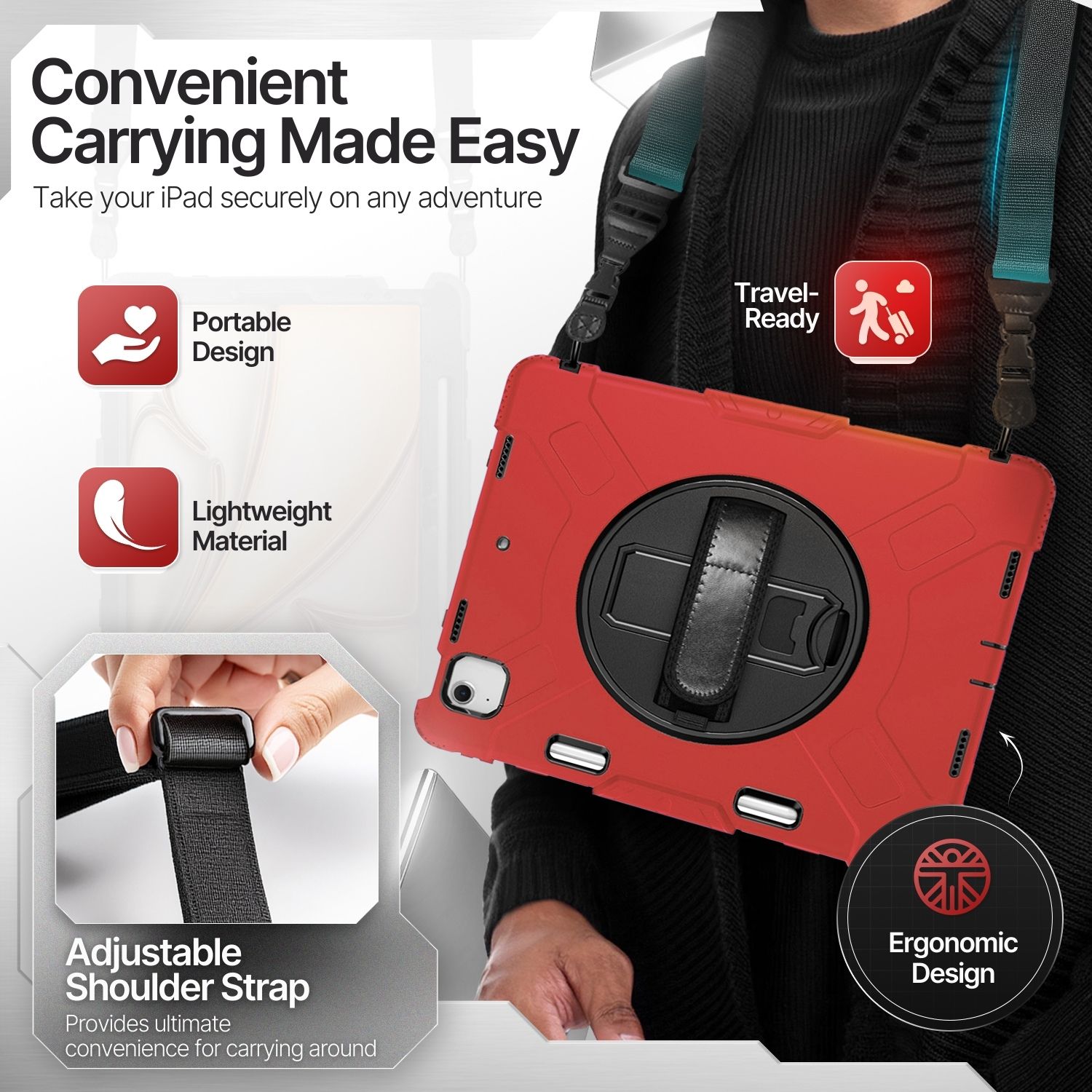 Adjustable Shoulder Strap and Pencil Holder: This case for Apple iPad Pro & iPad Air is perfect when heading to work sites, outdoors, or traveling. This case for iPad Air 13 inch with a shoulder strap makes carrying easier when your hands are full. It also comes with a pencil holder