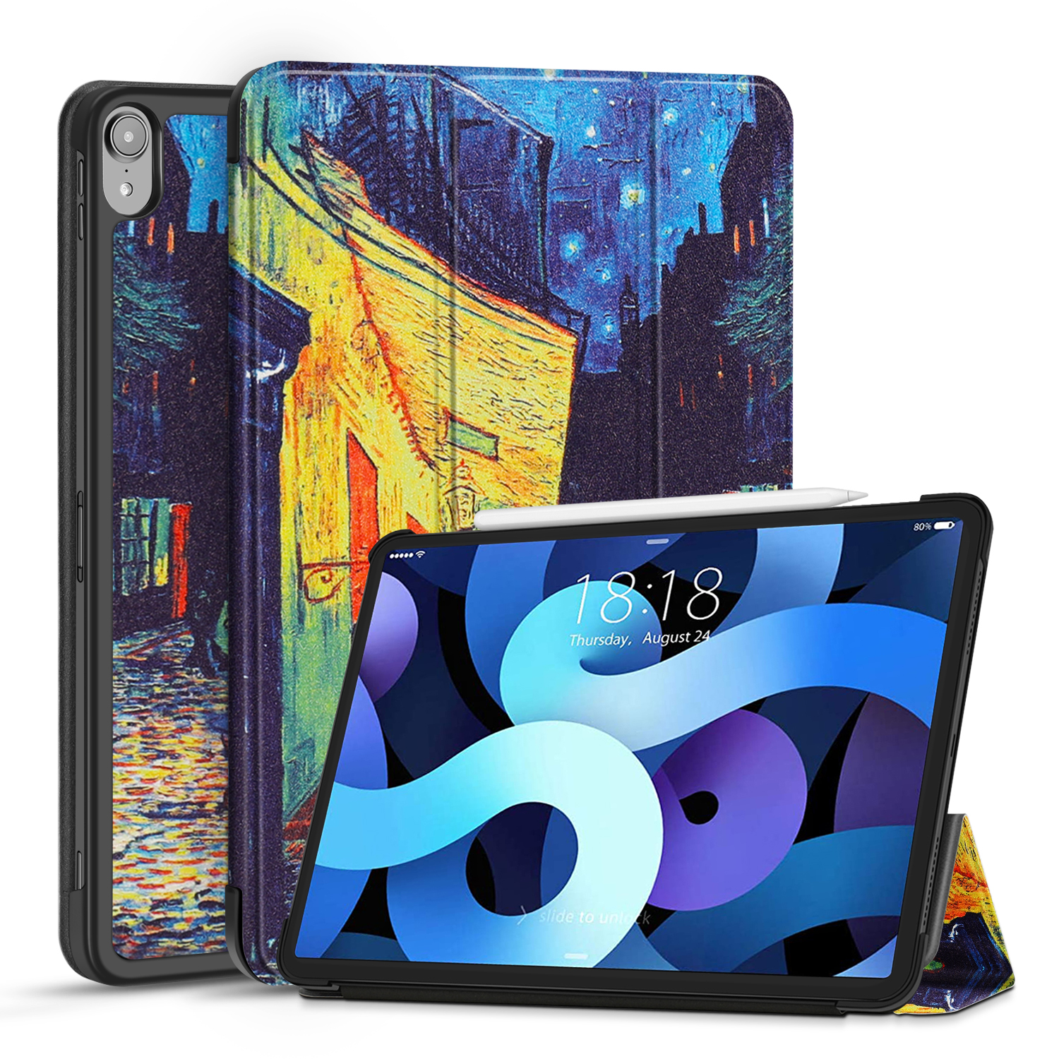 Case for iPad Air 5th Generation 2022 / iPad Air 4th Generation 2020 Protective Cover 10.9 Inch for 2nd Gen Apple Pencil Charging - Trifold Stand Holder Slim Folio Sleeve - Cafe At Night