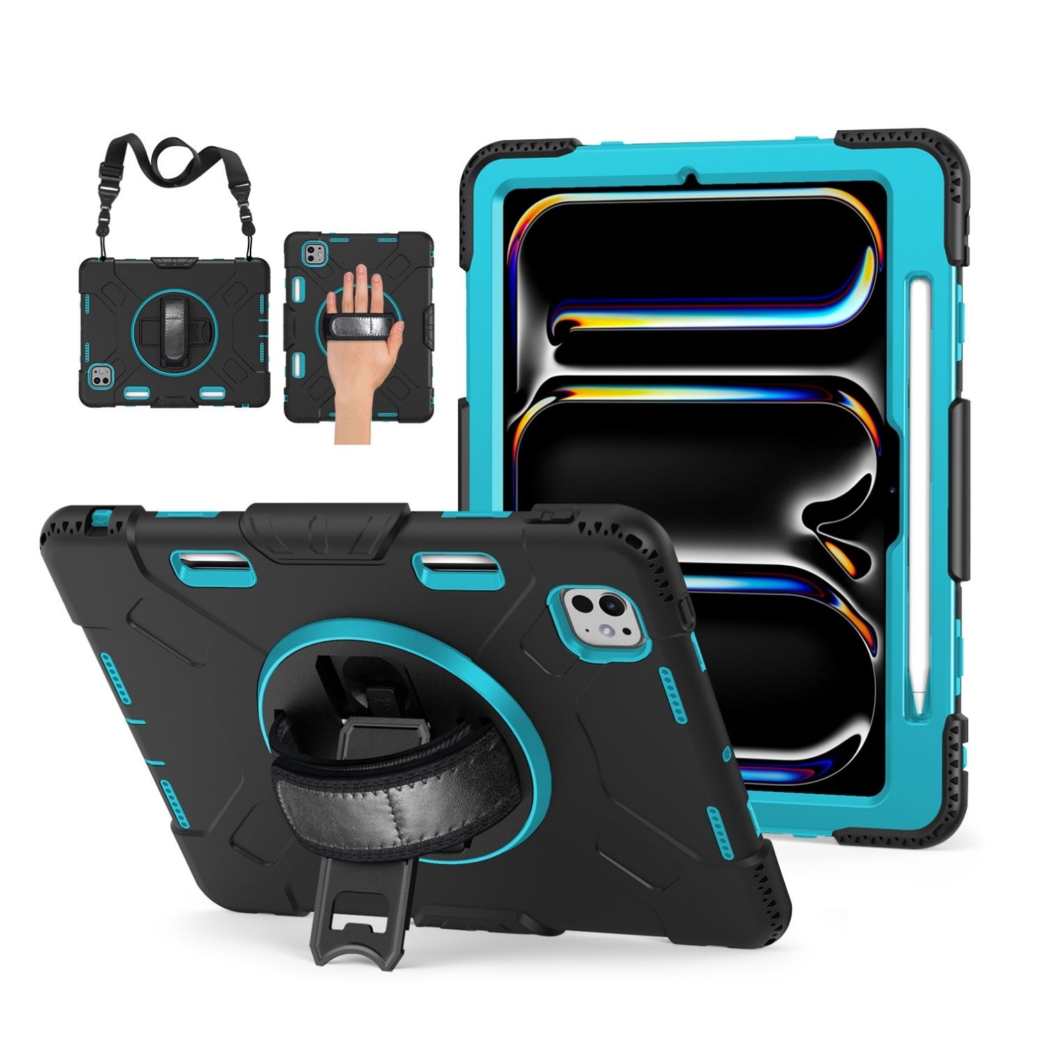 TNP Protective Case for iPad Pro 11 Inch M4 5th Generation 2024 - Shockproof Cover Case with Pencil Holder, Rotating Handle, Adjustable Stand & Shoulder Strap (Model: A2836/A2837/A3006), Mint