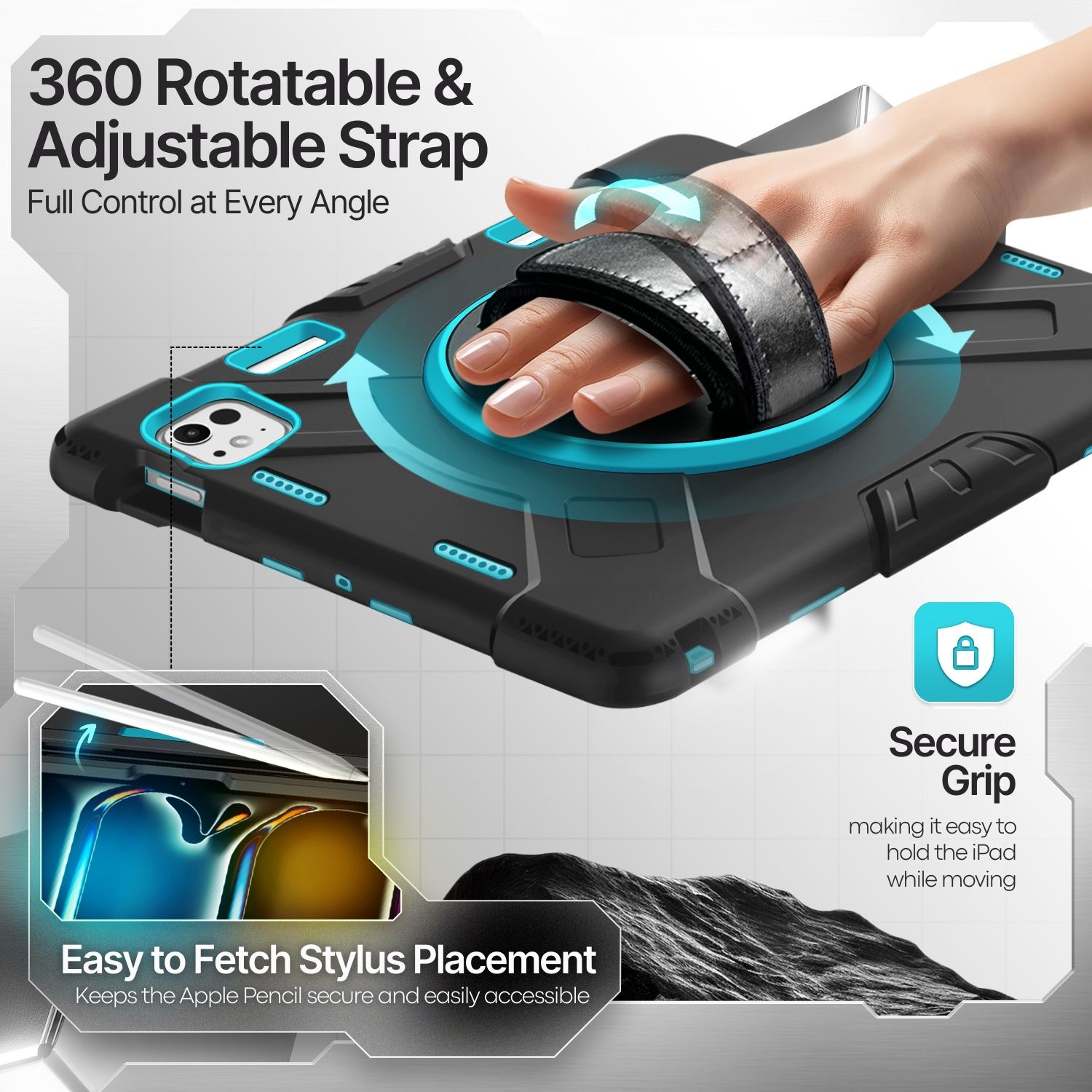 360 Rotatable Hand Strap and Kick Stand: This protective cover for iPad Pro 11" M4 2024 is practical, easy to hold, and offers comfortable viewing angles. Just rotate the adjustable kickstand. The adjustable hand strap prevents your device from falling and is excellent for working on the go