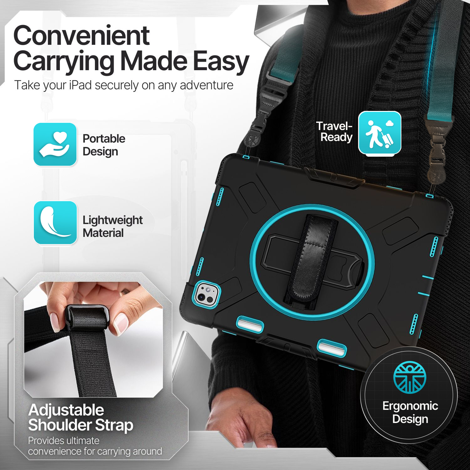 Adjustable Shoulder Strap and Pencil Holder: This case for Apple iPad Pro 11" 5th Gen is perfect when heading to work sites, outdoors, or traveling. This case for iPad Pro 11-inch M4 with a shoulder strap makes carrying easier when your hands are full. It also comes with a pencil holder