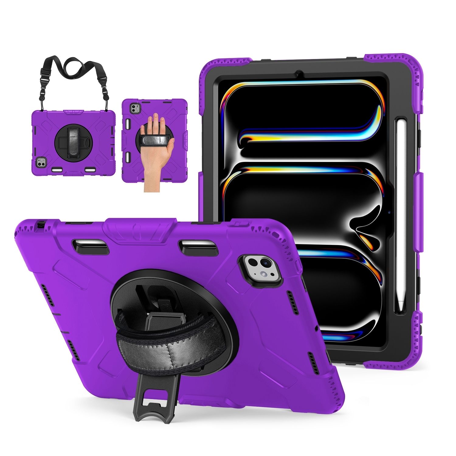 TNP Protective Case for iPad Pro 11 Inch M4 5th Generation 2024 - Shockproof Cover Case with Pencil Holder, Rotating Handle, Adjustable Stand & Shoulder Strap (Model: A2836/A2837/A3006), Purple