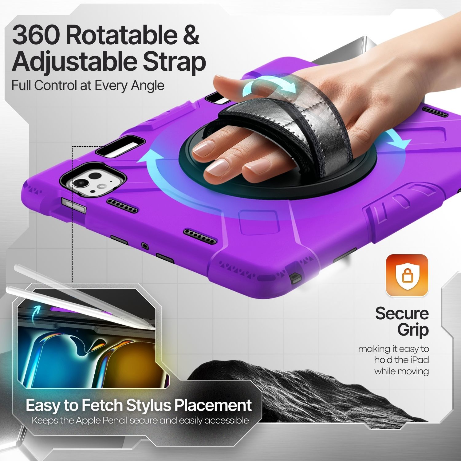 360 Rotatable Hand Strap and Kick Stand: This protective cover for iPad Pro 11" M4 2024 is practical, easy to hold, and offers comfortable viewing angles. Just rotate the adjustable kickstand. The adjustable hand strap prevents your device from falling and is excellent for working on the go