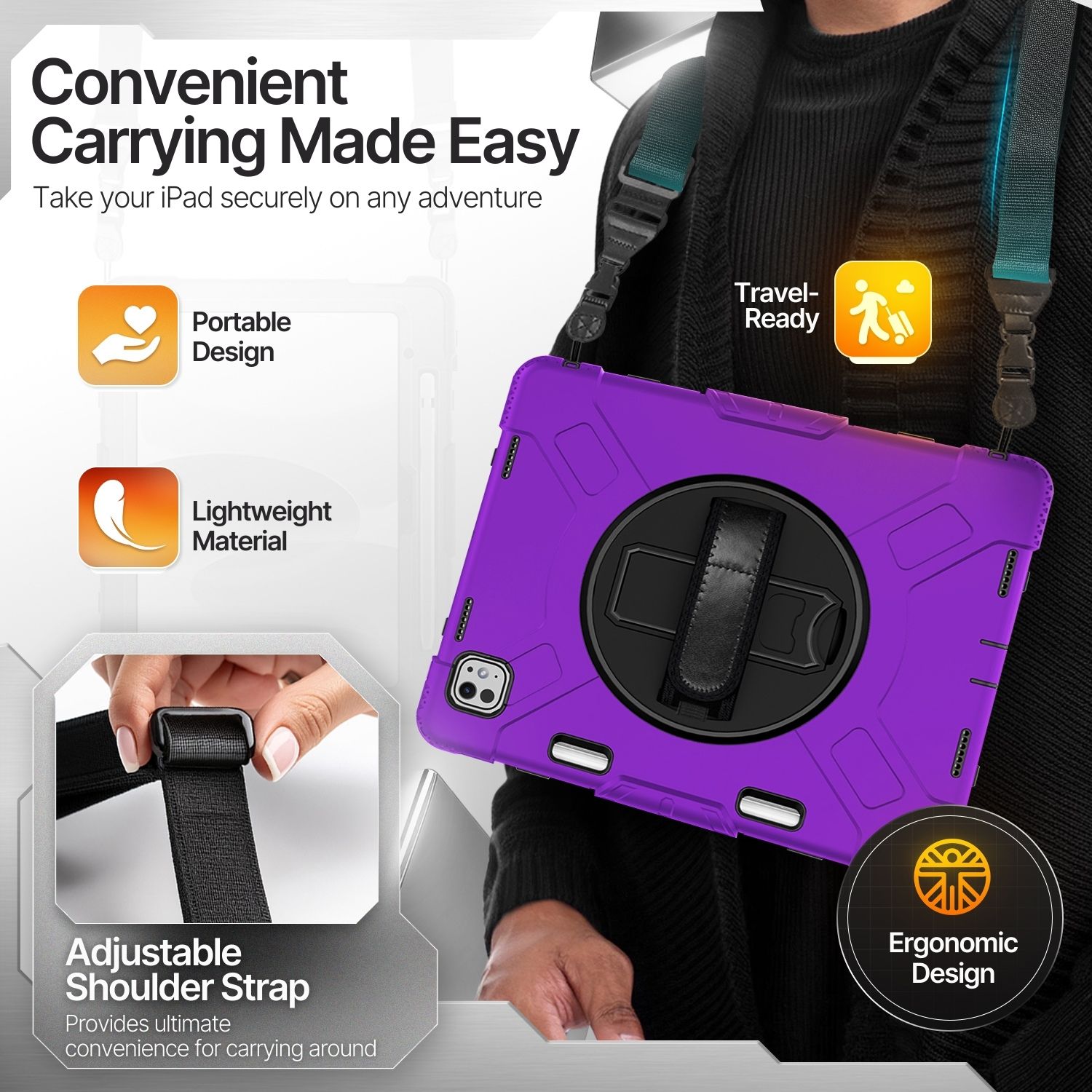 Adjustable Shoulder Strap and Pencil Holder: This case for Apple iPad Pro 11" 5th Gen is perfect when heading to work sites, outdoors, or traveling. This case for iPad Pro 11-inch M4 with a shoulder strap makes carrying easier when your hands are full. It also comes with a pencil holder