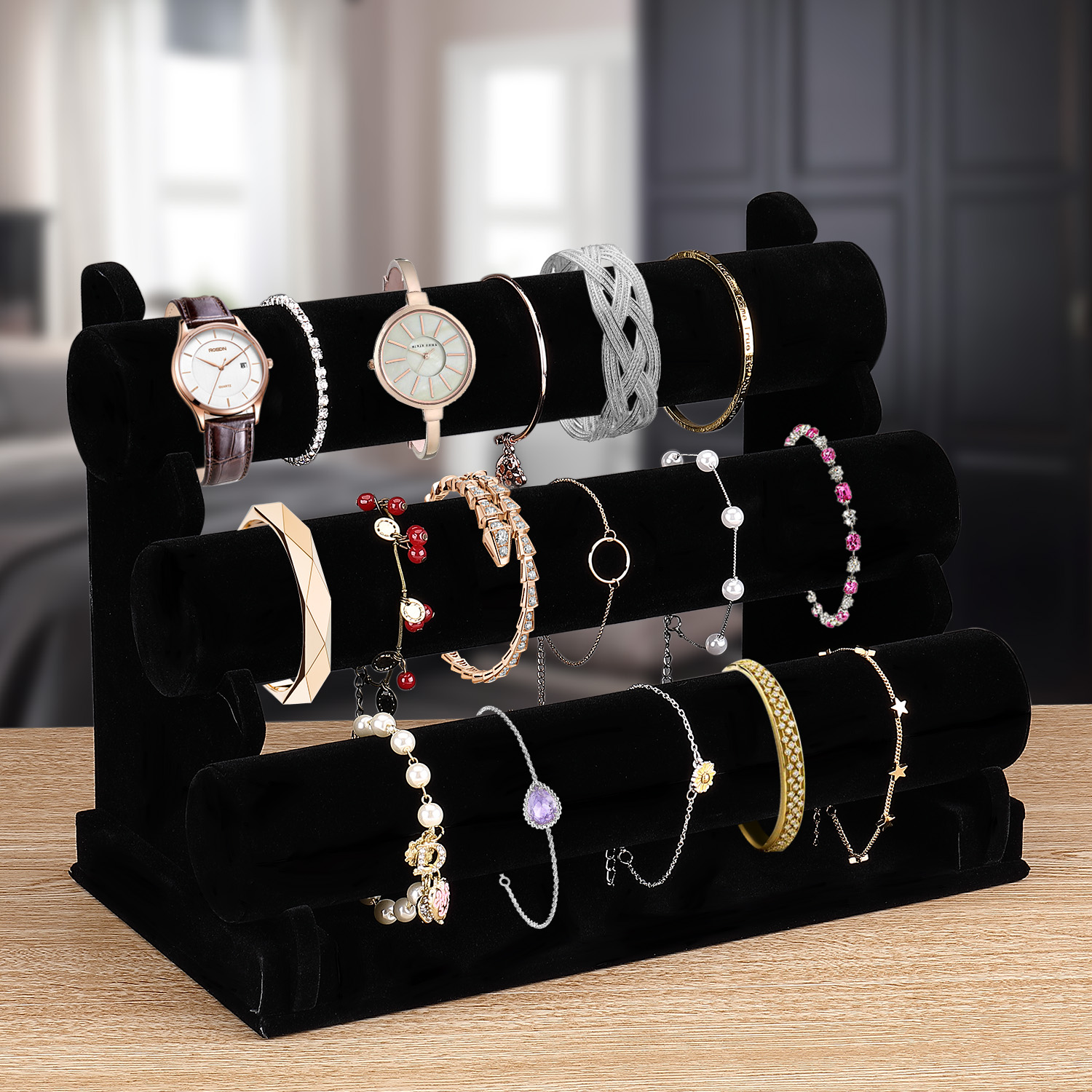 Black Velvet Hovering 3 Tier T-bar Jewelry Stand Display Storage Store ...