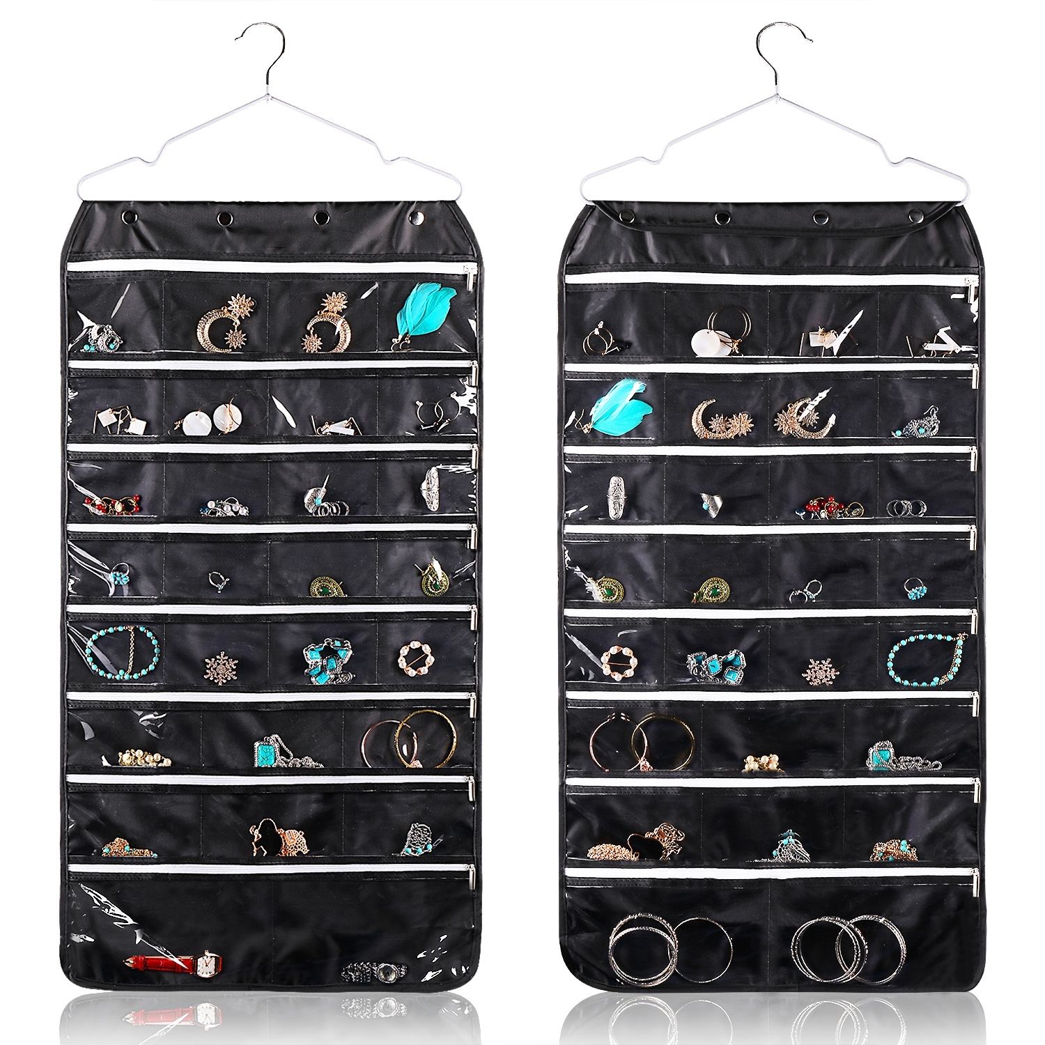 Hanging Jewelry Organizer - (1 Pack) Black 56 Pockets with Zipper, Dual Side Foldable Non-Woven Fabric Bag Earring Clear Storage Display Holder w/ Hook for Necklace Bracelet Ring Accessories