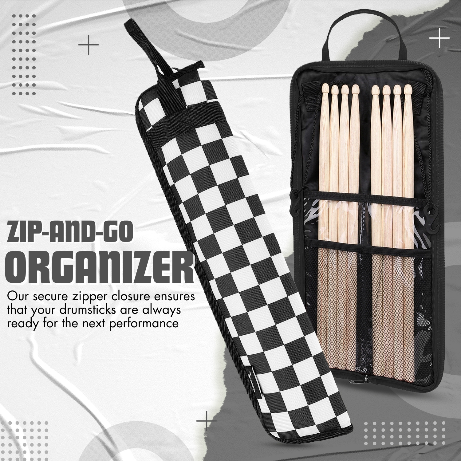 Checkered Flexzion Drumsticks Gig Bag Percussion Music Accessory Case w//a Hook Kid Drummer Water-Resistant Fabric Carrying Handle /& Card Holder for 4 Pairs of Drumstick Adjustable Shoulder Strap