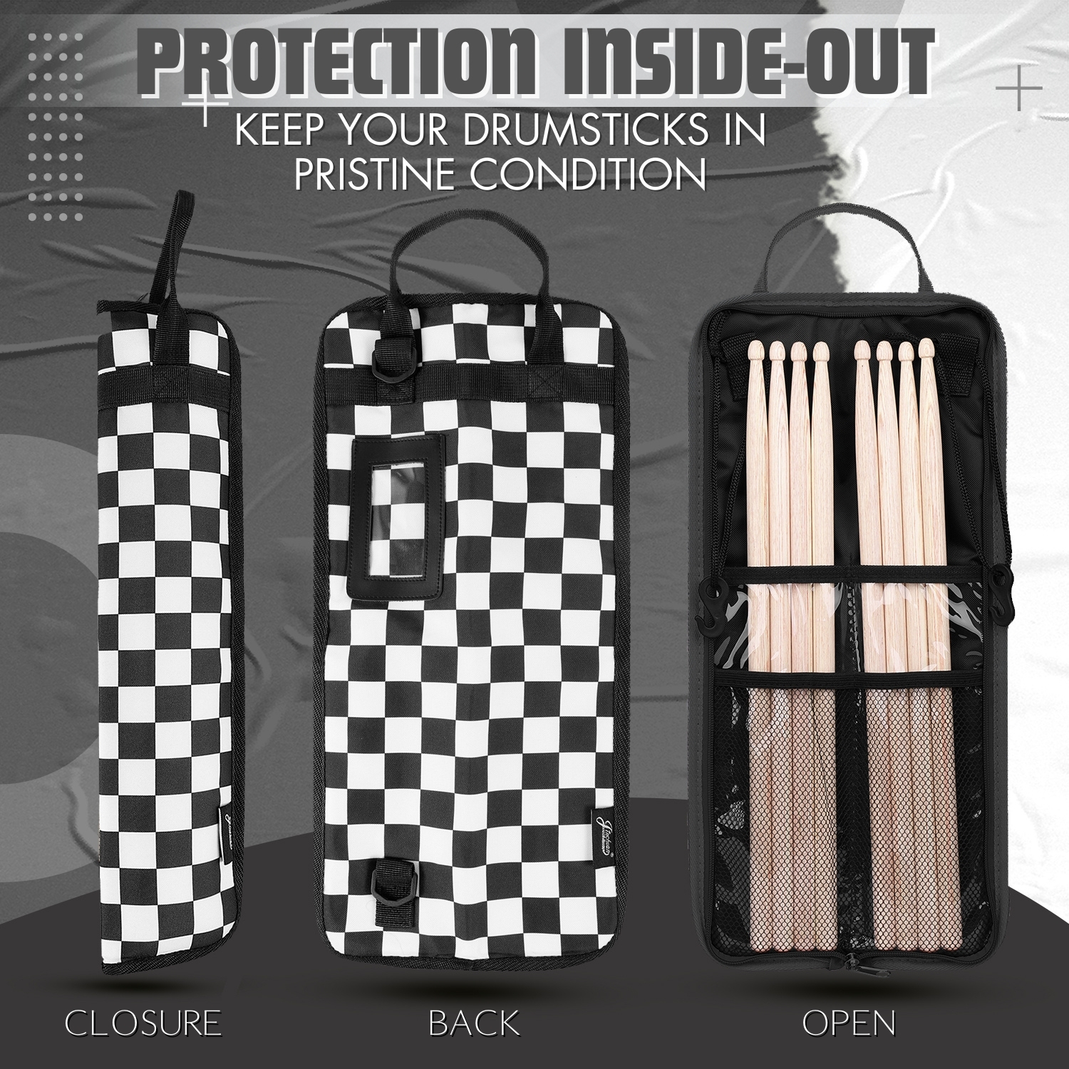 Checkered Flexzion Drumsticks Gig Bag Percussion Music Accessory Case w//a Hook Kid Drummer Water-Resistant Fabric Carrying Handle /& Card Holder for 4 Pairs of Drumstick Adjustable Shoulder Strap