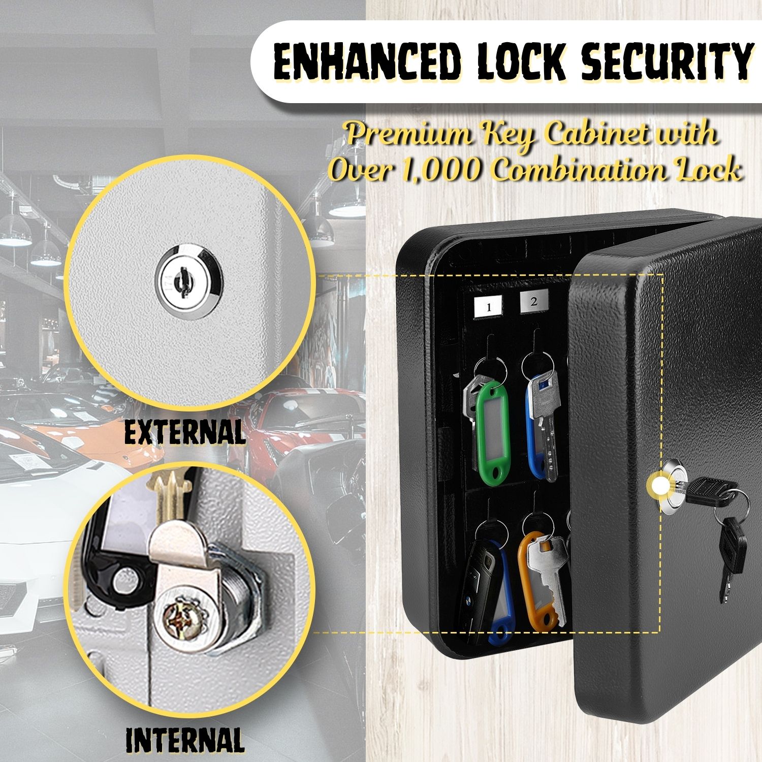 Key Steel Lock Box with 40 capacity Colored key Tags & Hooks