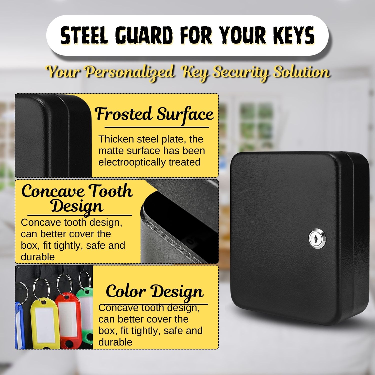 Key Steel Lock Box with 40 capacity Colored key Tags & Hooks