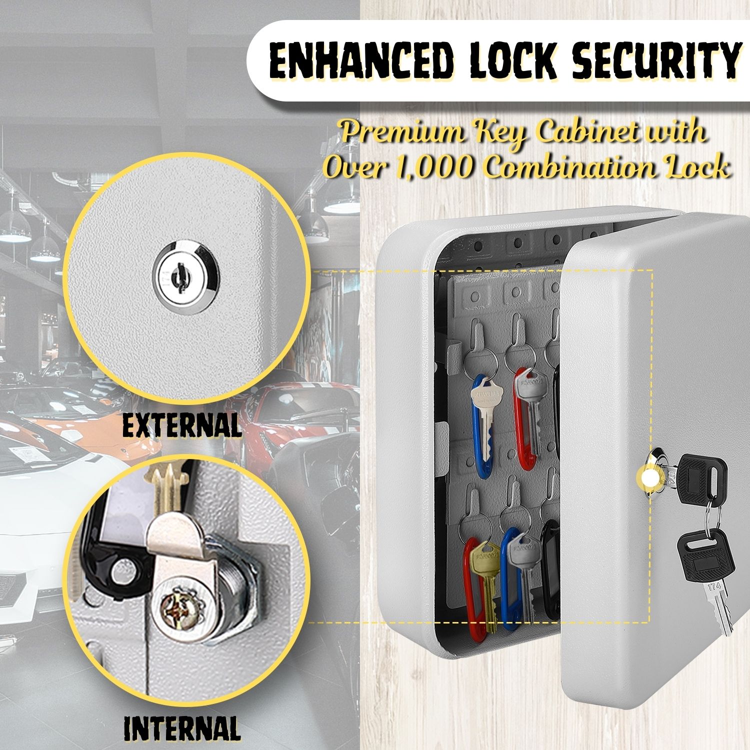 Key Steel Lock Box with 40 capacity Colored key Tags & Hooks