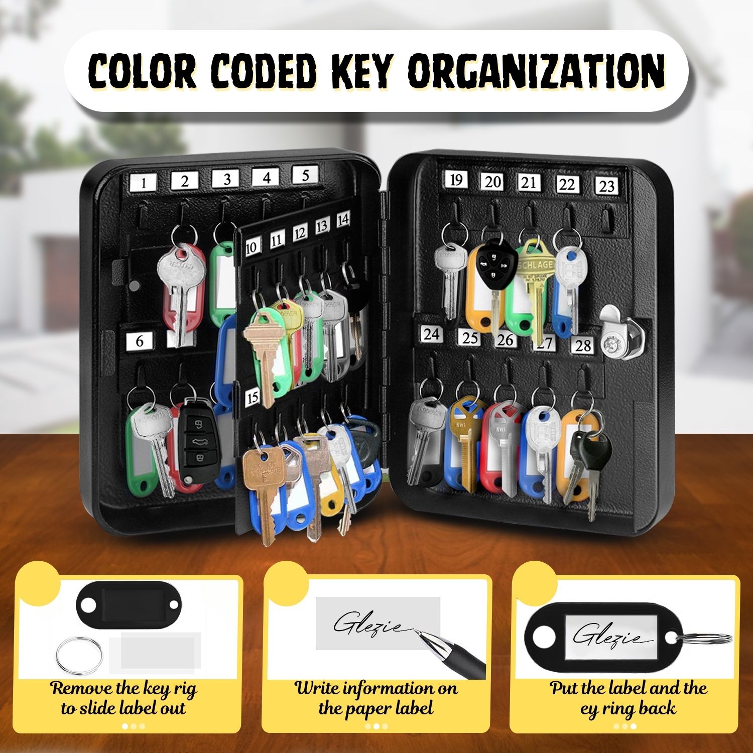 Key Steel Lock Box with 40 capacity Colored key Tags & Hooks